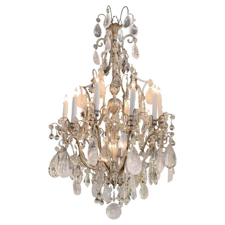 19th Century French Rock Crystal 12-Light Chandelier For Sale
