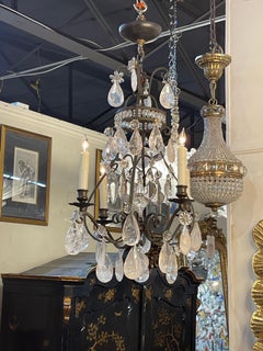 19th Century French Rock Crystal and Bronze 4 Light Chandelier
