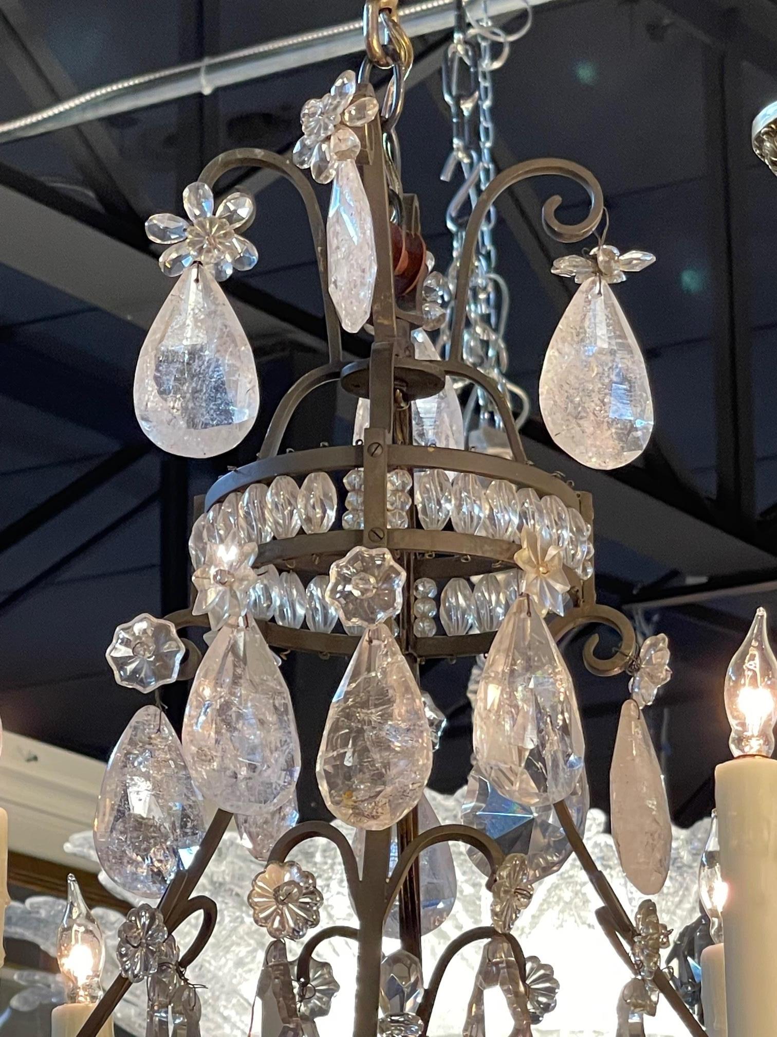 19th Century French Rock Crystal and Bronze 4 Light Chandelier In Good Condition For Sale In Dallas, TX