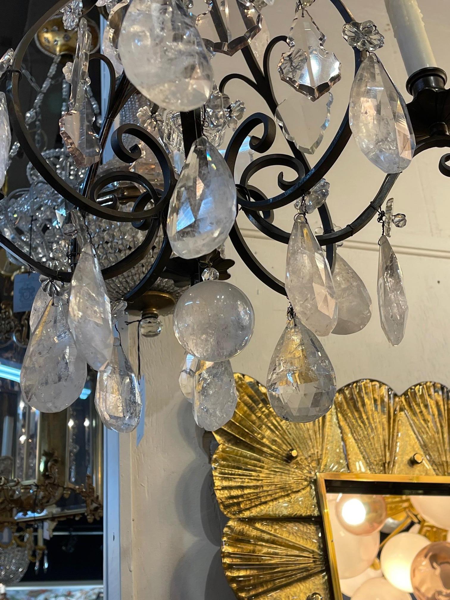 19th Century French Rock Crystal and Bronze 4 Light Chandelier For Sale 2