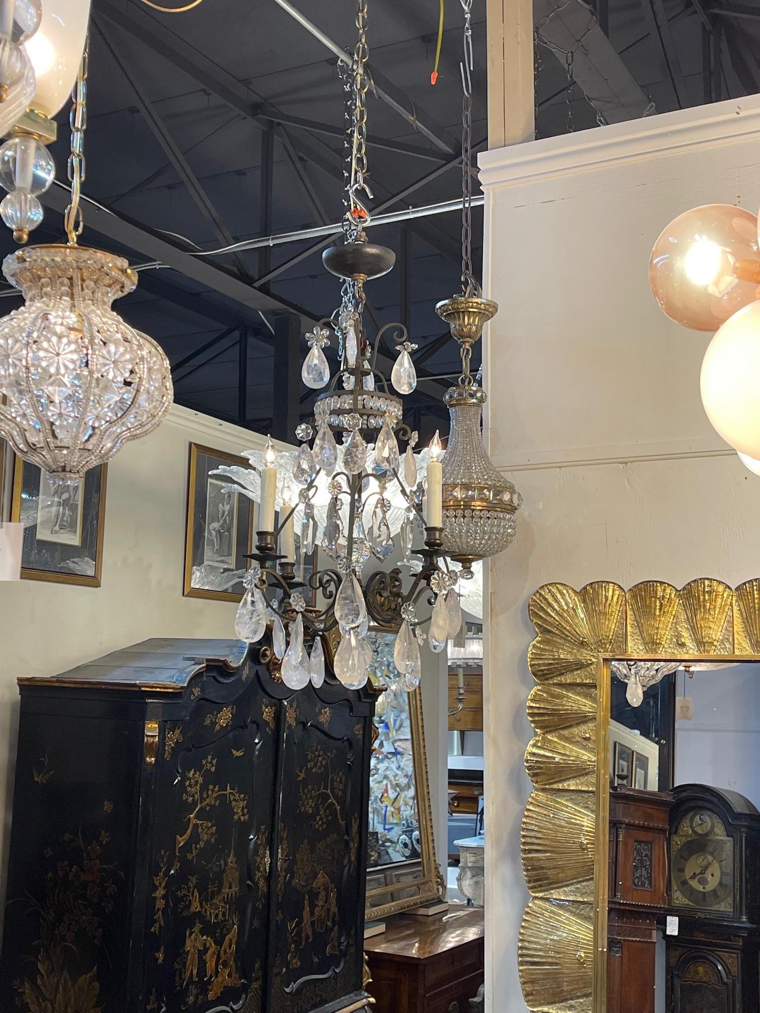 19th Century French Rock Crystal and Bronze 4 Light Chandelier For Sale 4