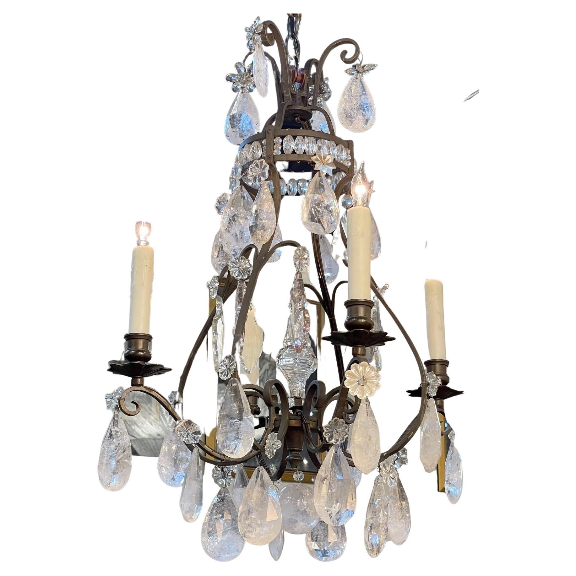 19th Century French Rock Crystal and Bronze 4 Light Chandelier For Sale