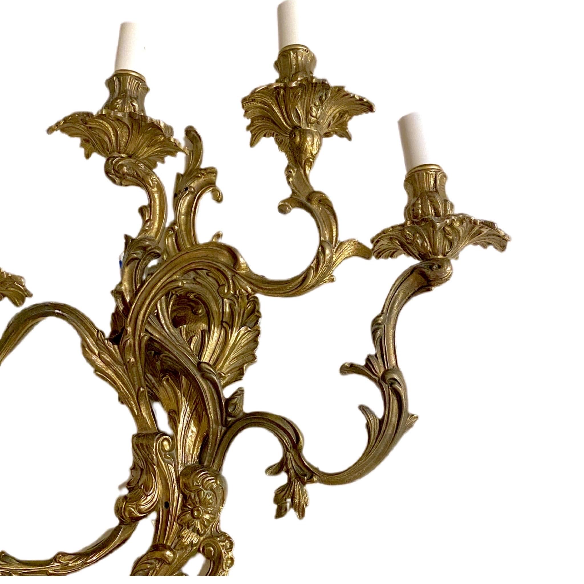 Gilt 19th Century French Rococo 5 Arm Wired Wall Sconces - a Pair For Sale