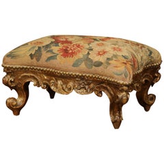 19th Century French Rococo Carved Gilt Wood Footstool with Aubusson Tapestry