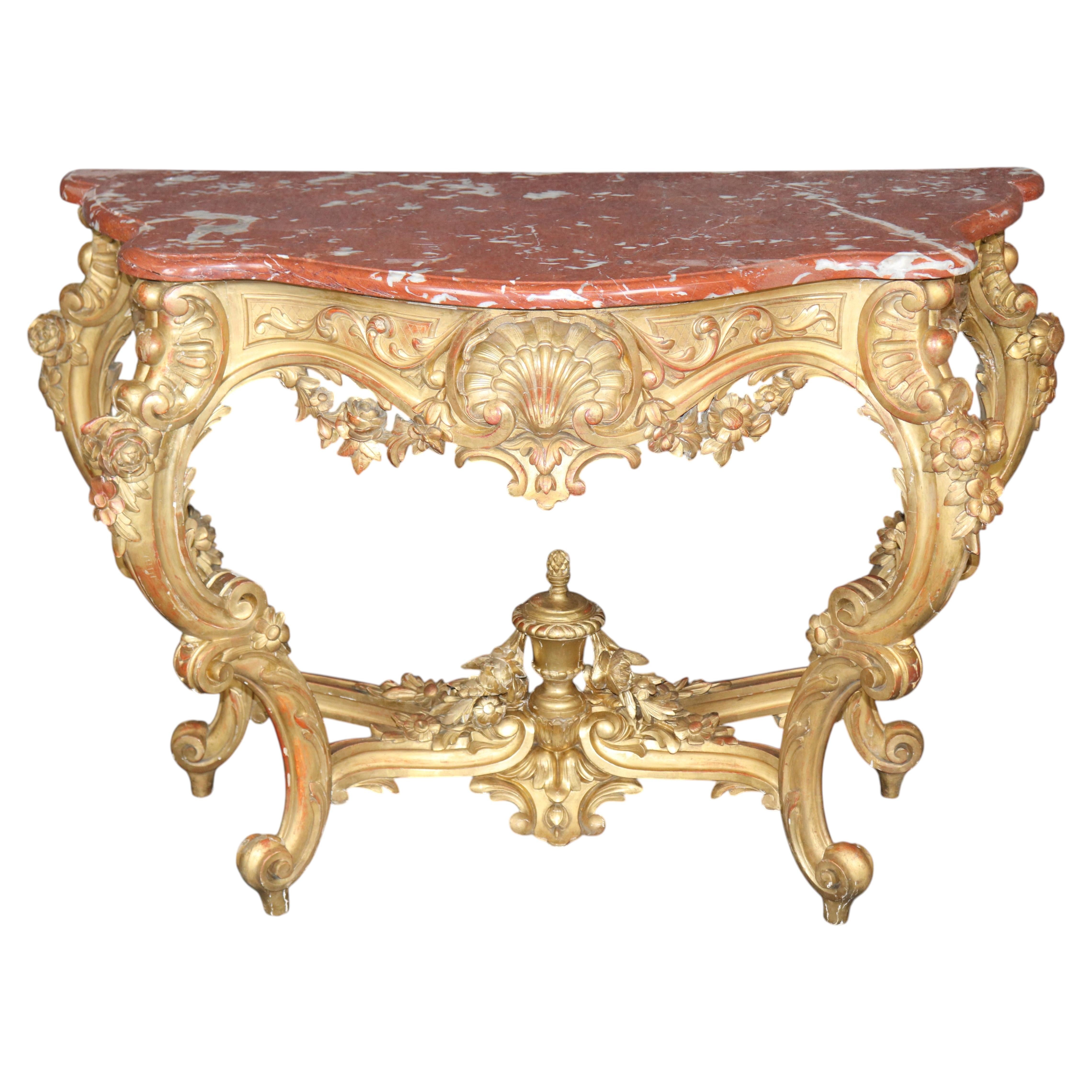 19th Century French Rococo Carved Giltwood Marble Top Console Table
