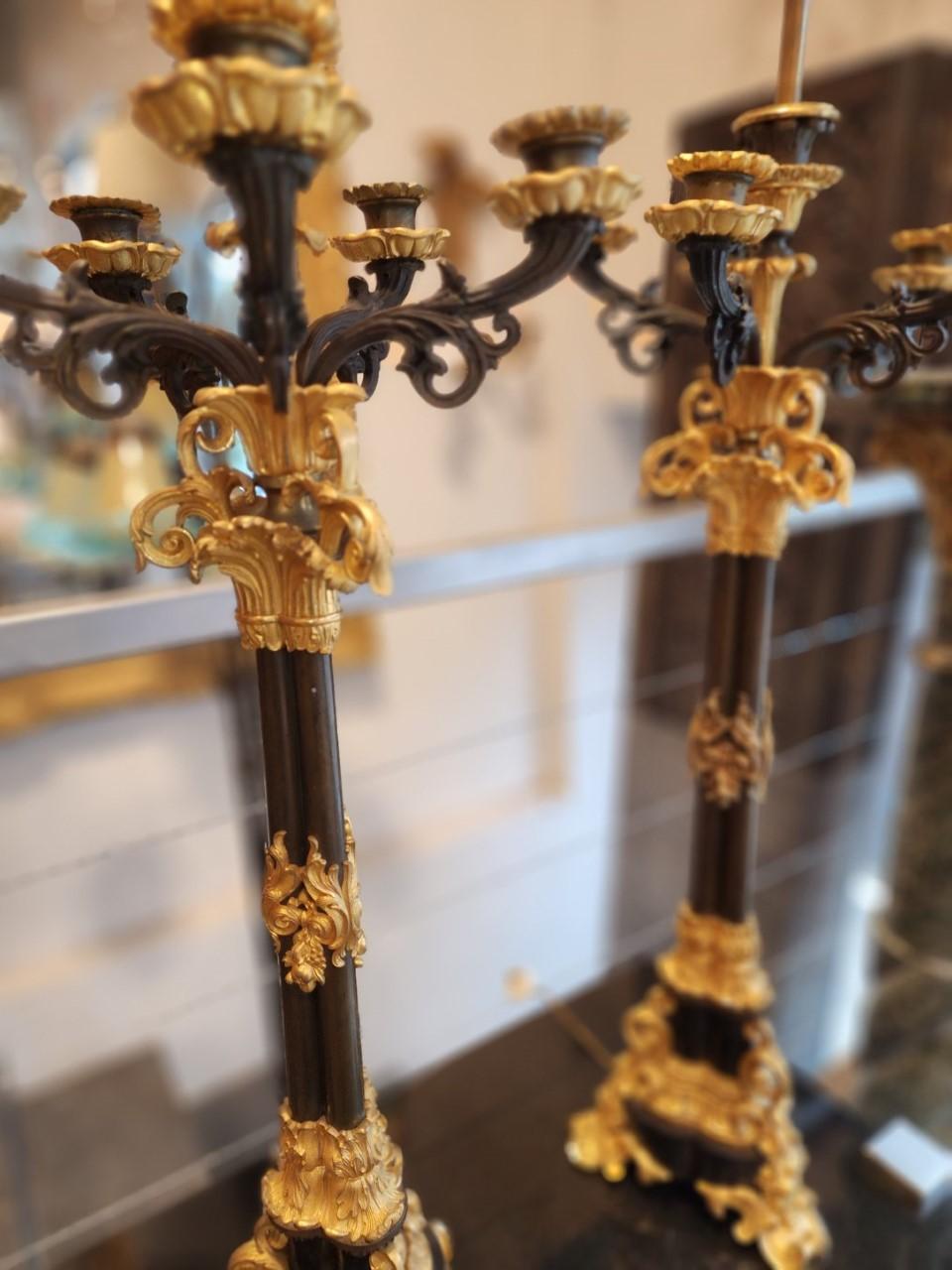 Gorgeous pair of 19th century French Rococo Dore bronze candelabra lamps.
With all original parts. In perfect condition.
