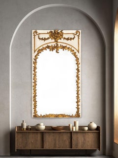 19th Century French Rococo Louis XV Carved Giltwood Trumeau Mirror, 80” H