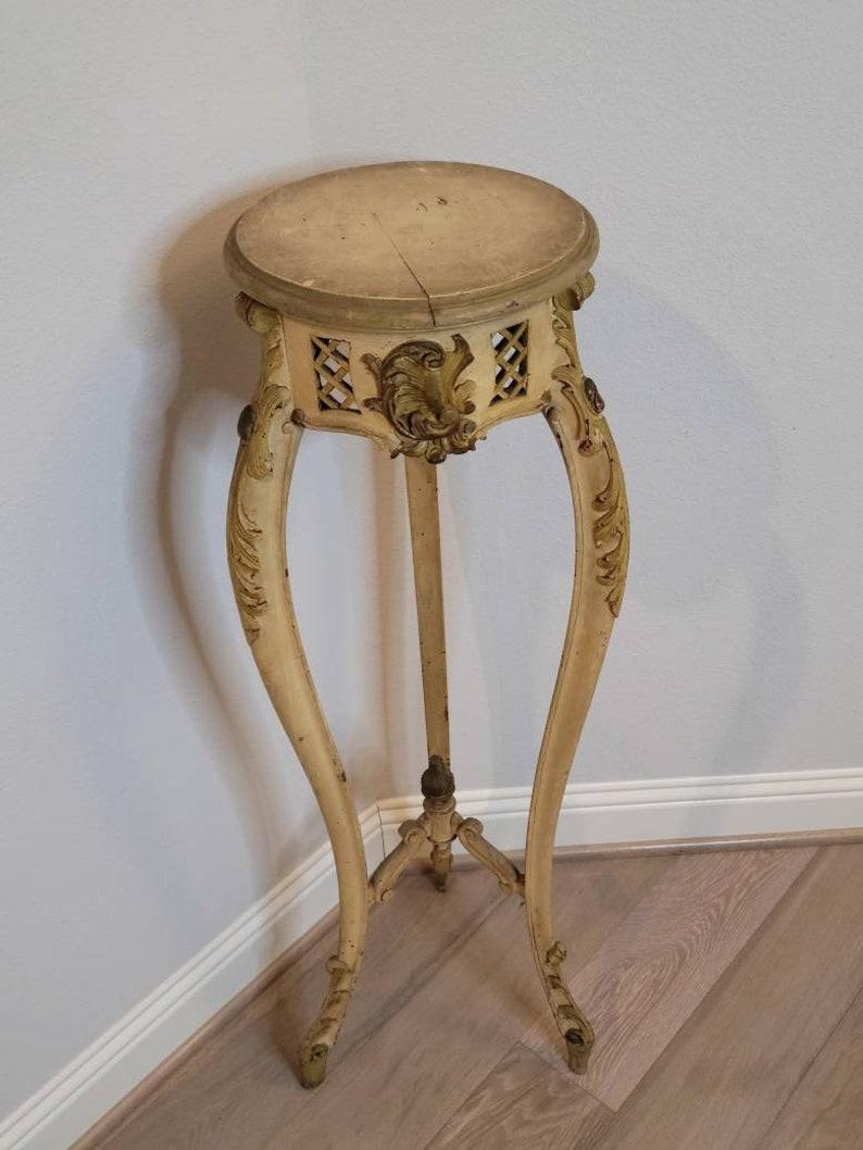 A fabulous French Louis XV style hand carved, painted warm pastel, polychromed and gilded wood plant stand - torchere - pedestal table with beautifully aged distressed patina finish!

Born in the 19th century, exquisitely hand-crafted in
