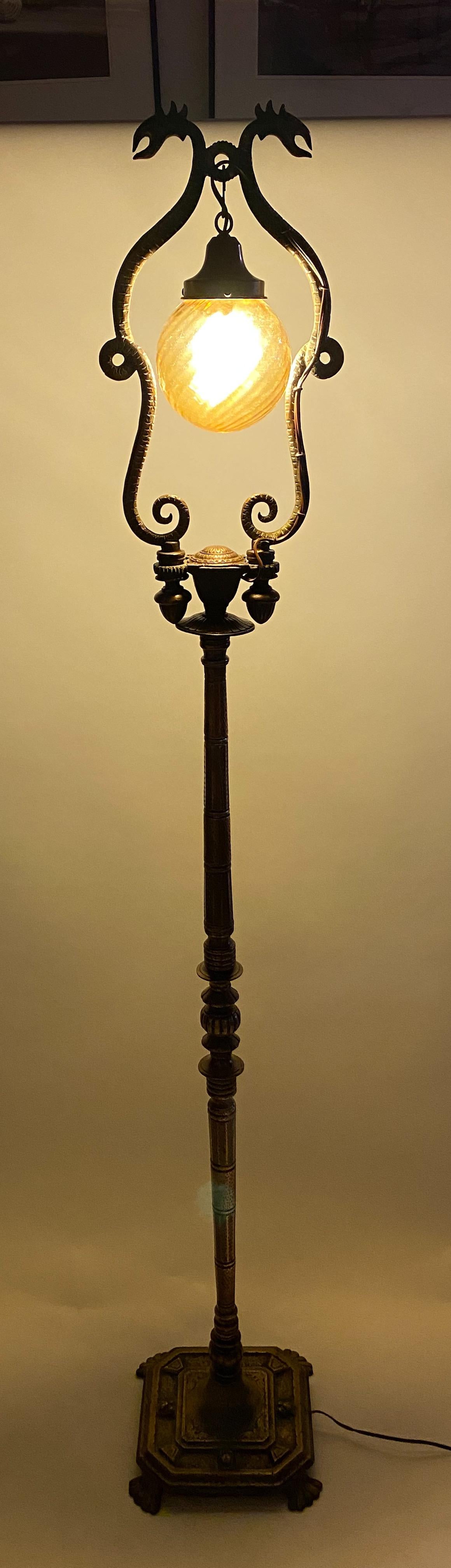 19th Century French Rococo Revival Style Bronze Patinated Dragons Floor Lamp For Sale 11