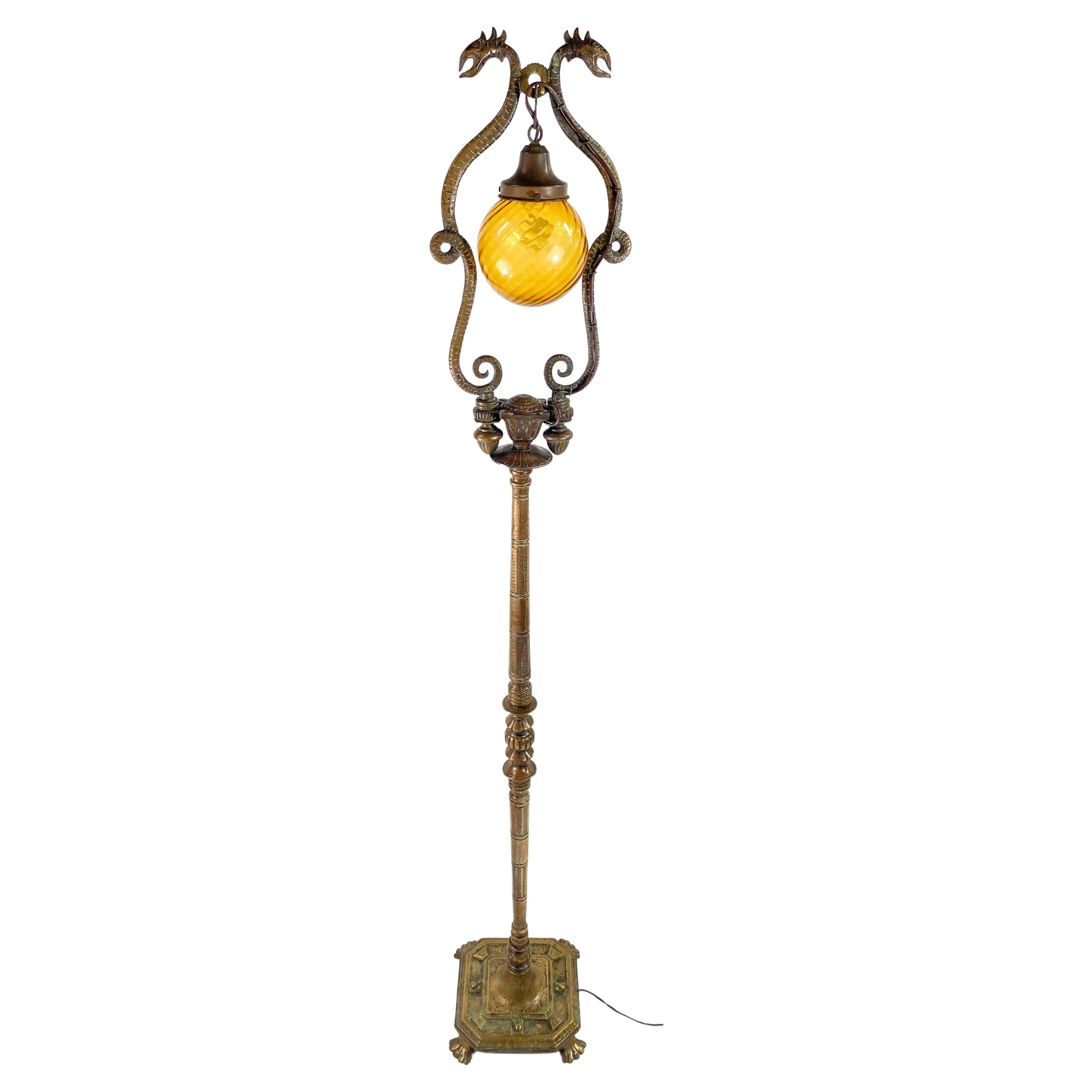 19th Century French Rococo Revival Style Bronze Patinated Dragons Floor Lamp For Sale