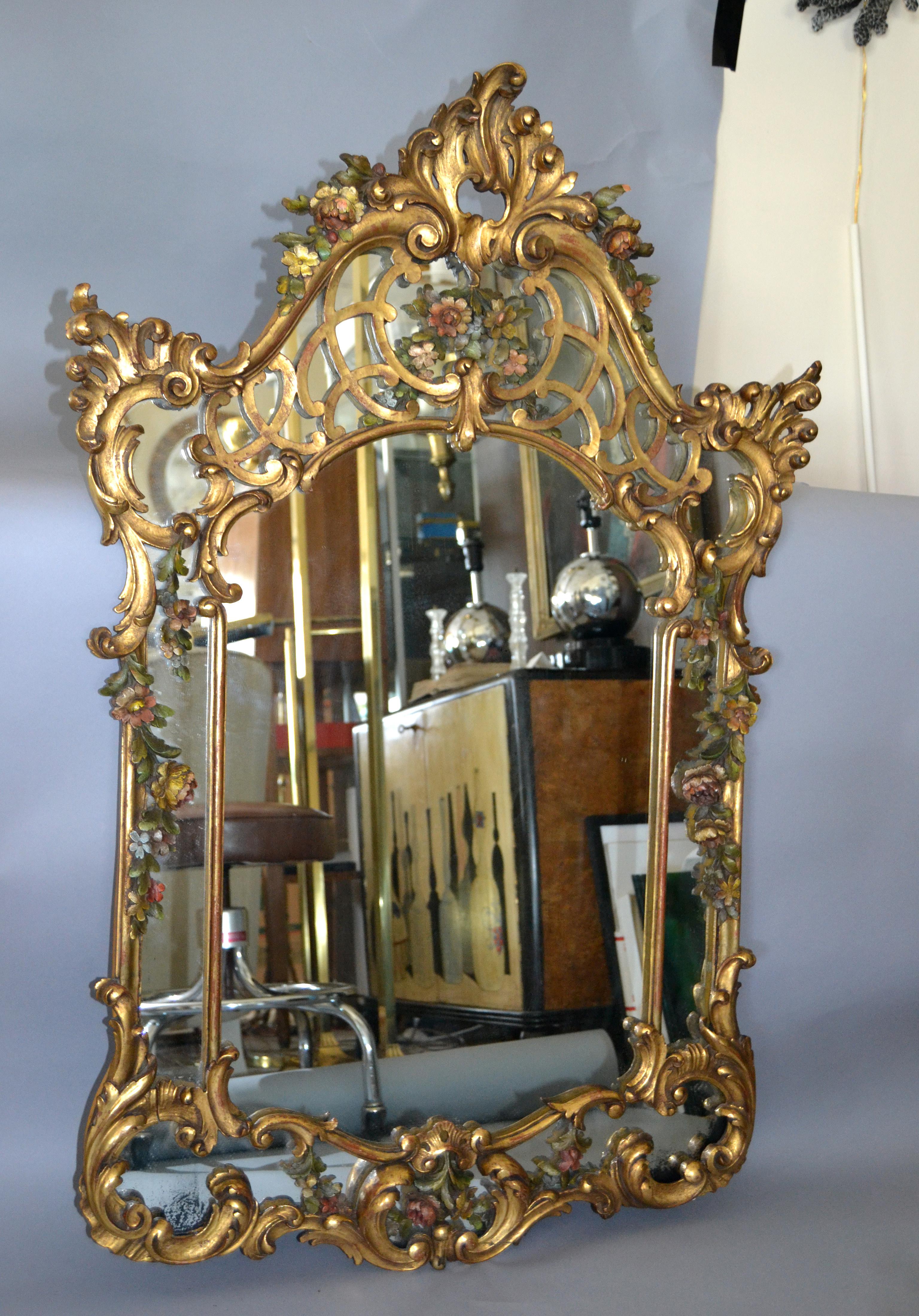 19th Century French Rococo Style Hand Carved Flowers Gilt Wall Mirror 8