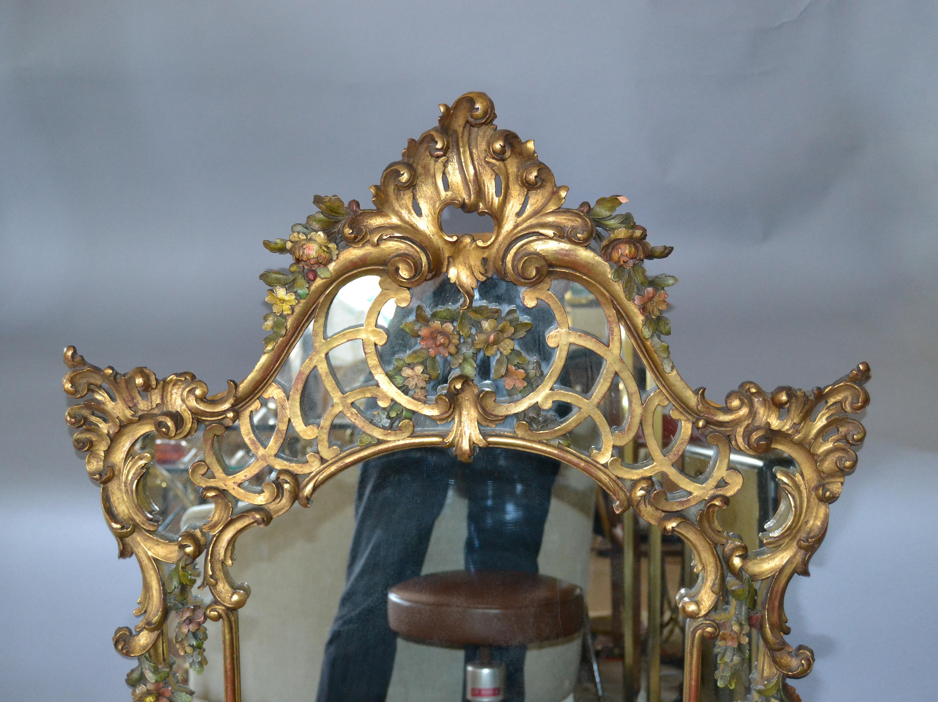 19th Century French Rococo Style Hand Carved Flowers Gilt Wall Mirror In Good Condition In Miami, FL