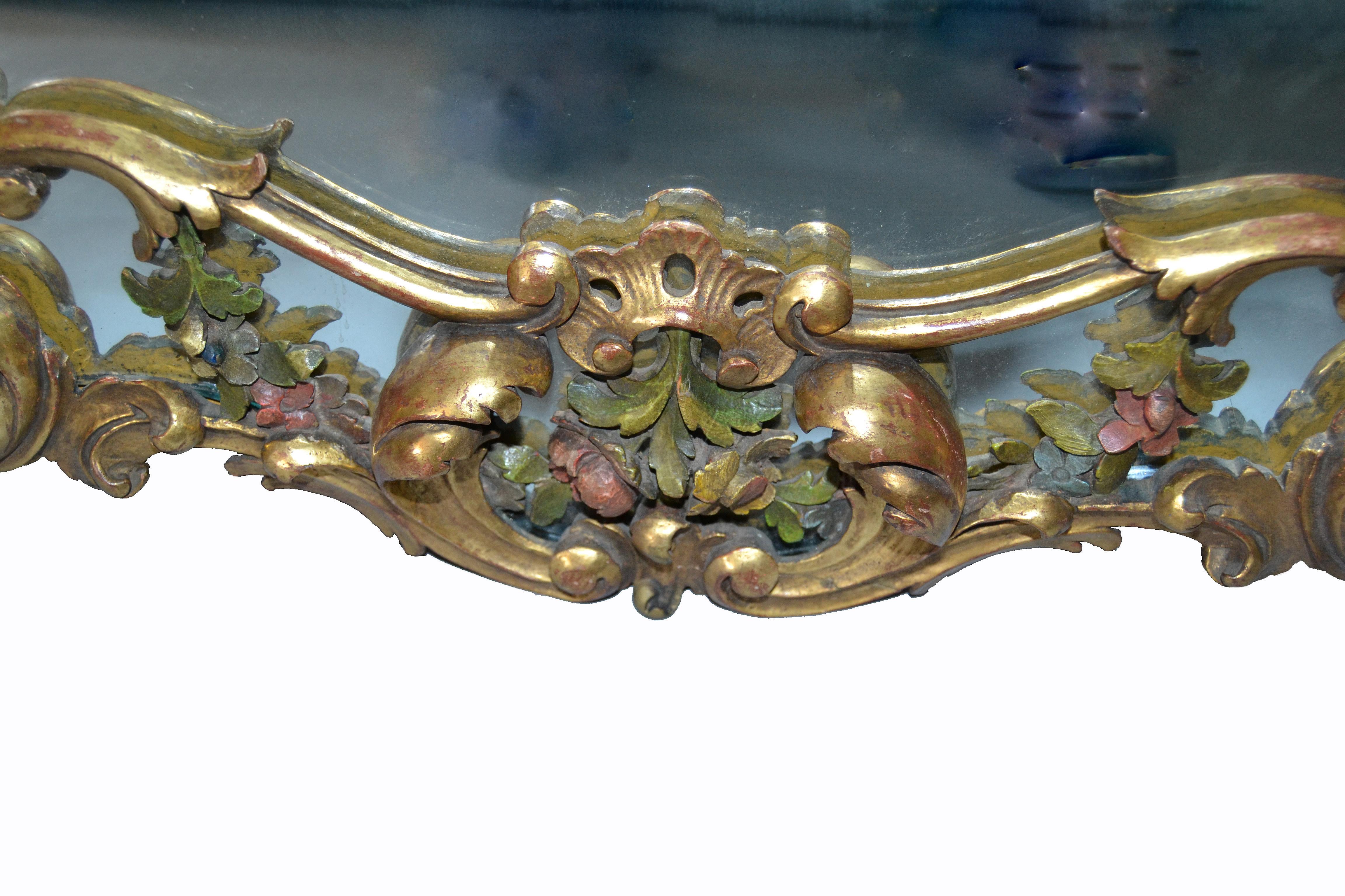 19th Century French Rococo Style Hand Carved Flowers Gilt Wall Mirror 2