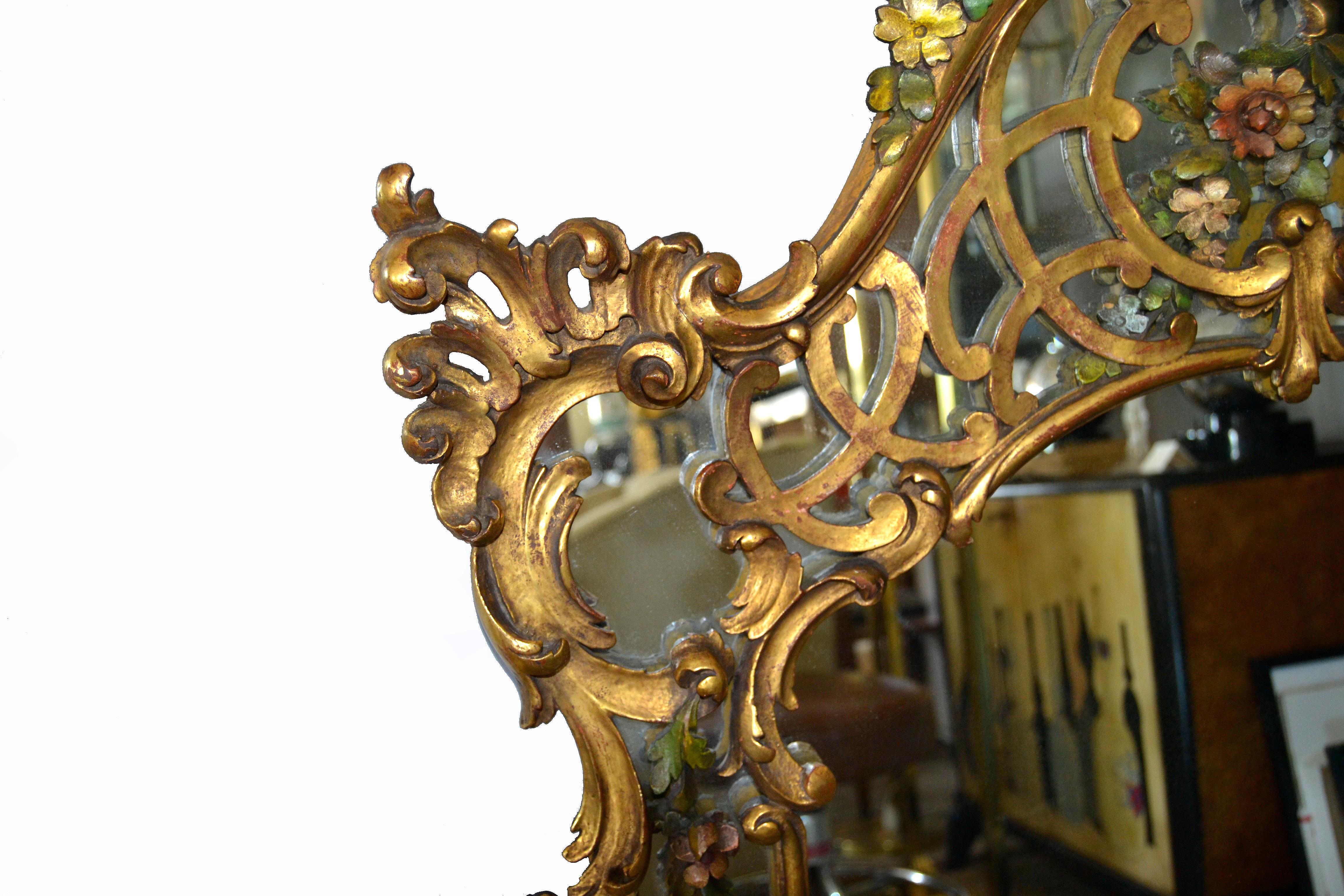19th Century French Rococo Style Hand Carved Flowers Gilt Wall Mirror 3