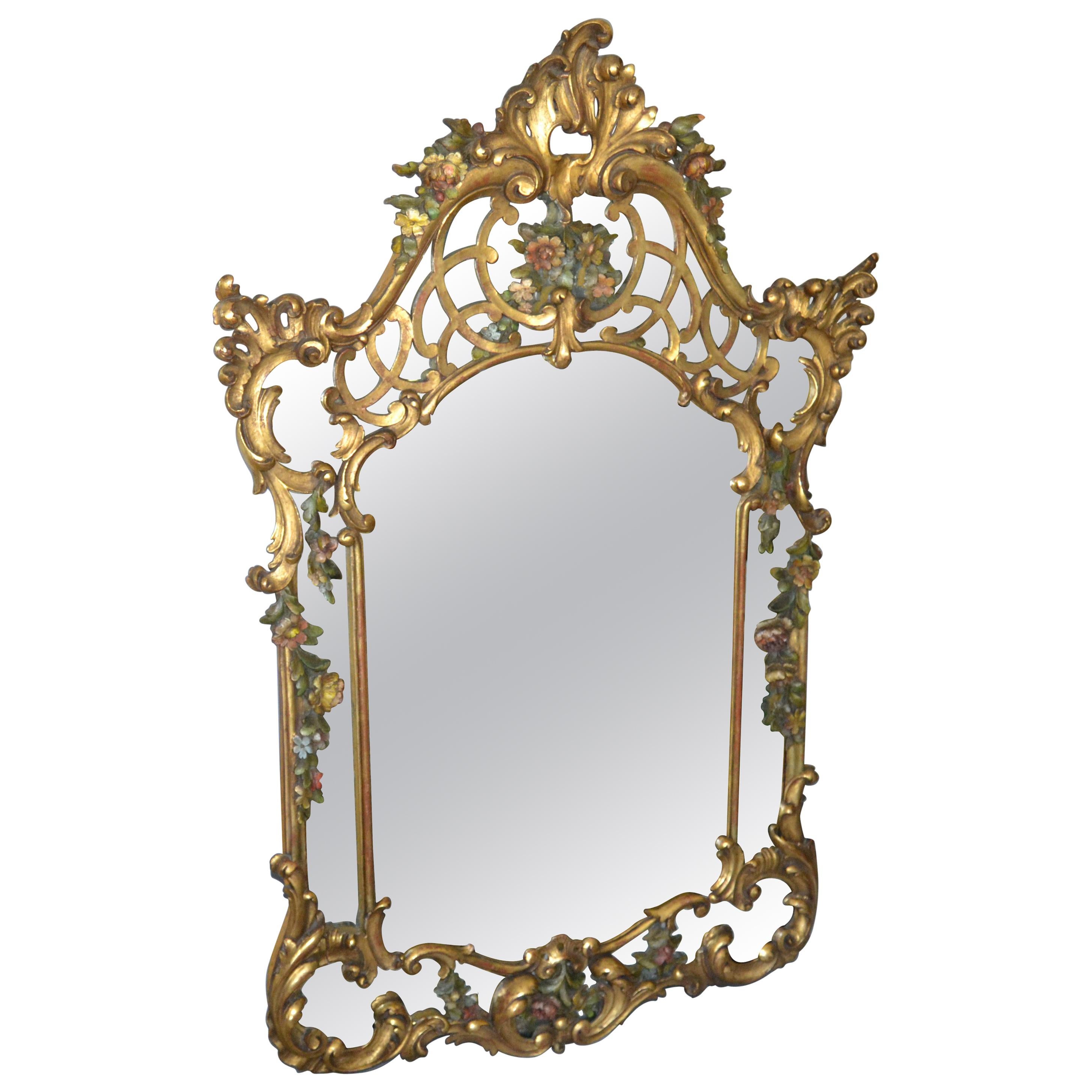 19th Century French Rococo Style Hand Carved Flowers Gilt Wall Mirror