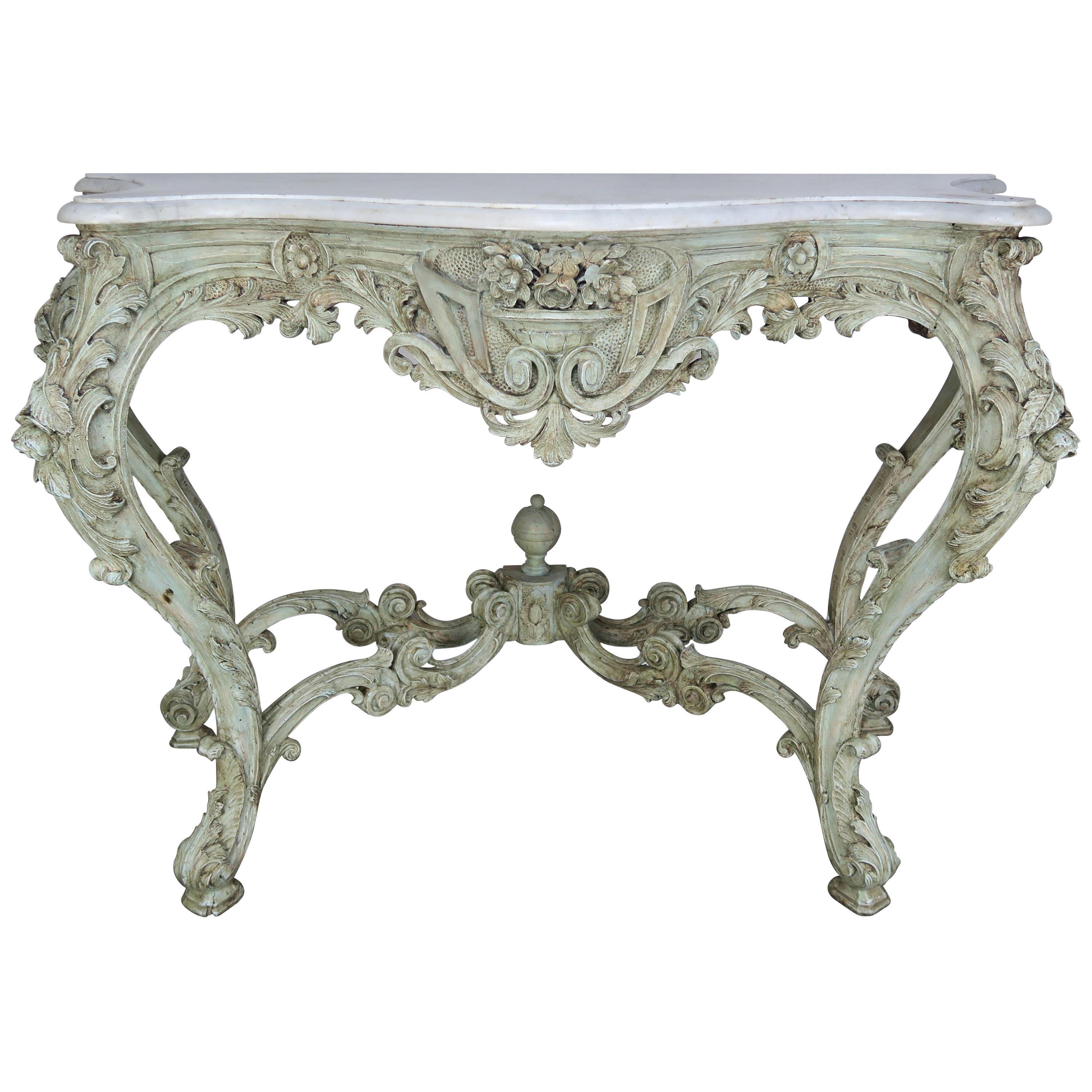 19th Century French Rococo Style Painted Console with Carrara Marble Top