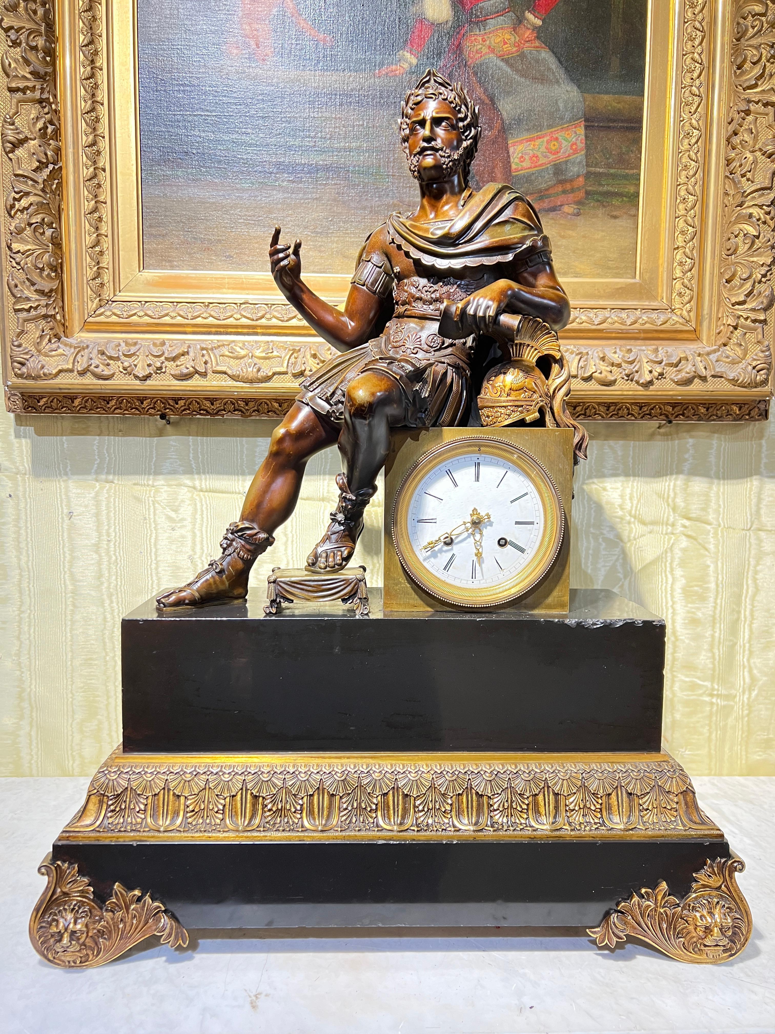19th Century French Roman Neoclassical Bronze Mantel Clock In Good Condition In New York, NY