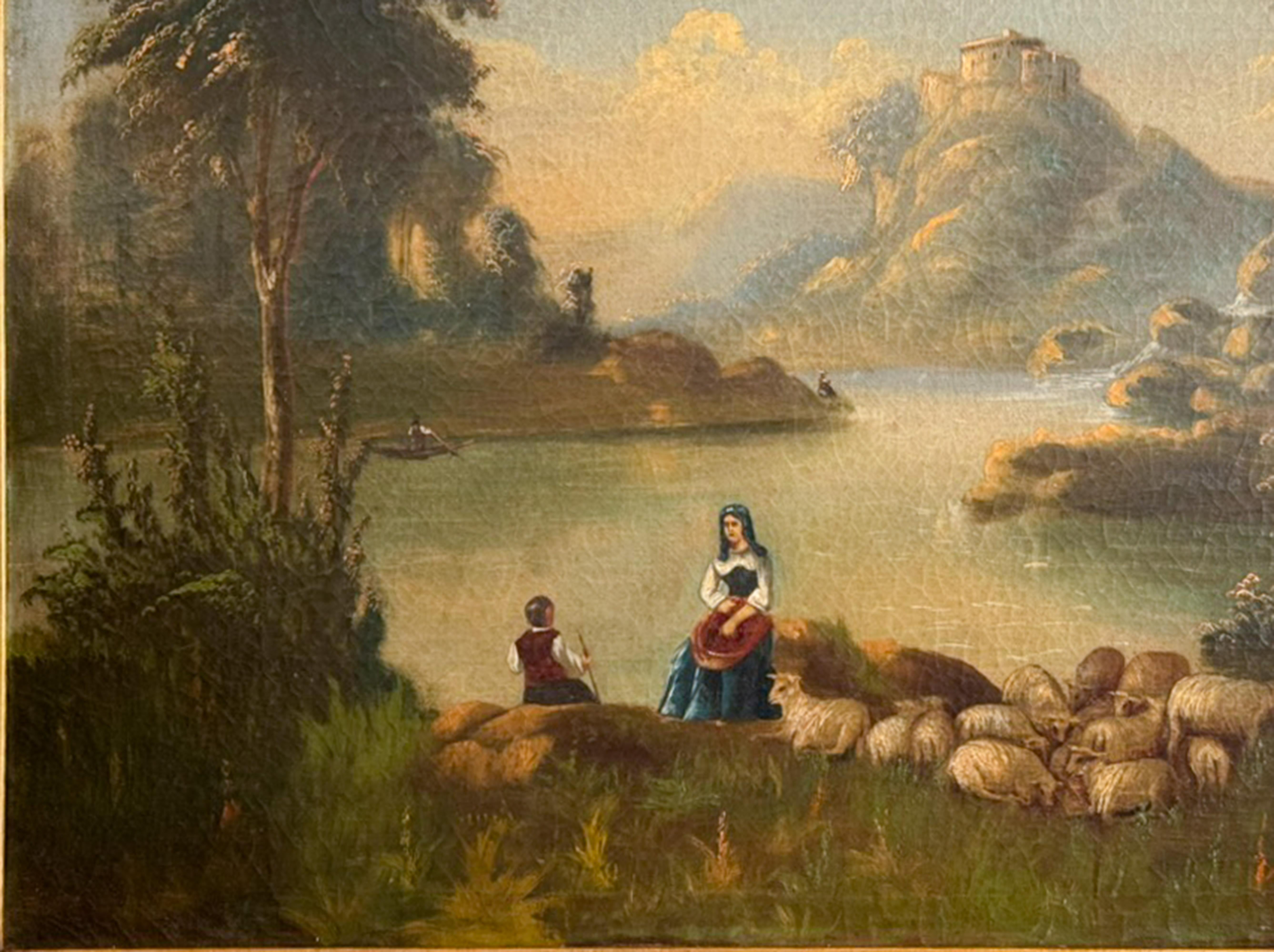 An romanticism oil painting of a great lake scene with shepherds and a flock of sheep with a peaceful lake in the background. A majestic fortress stands proudly in the background.  The painting is signed by the artist and showcases stunning period