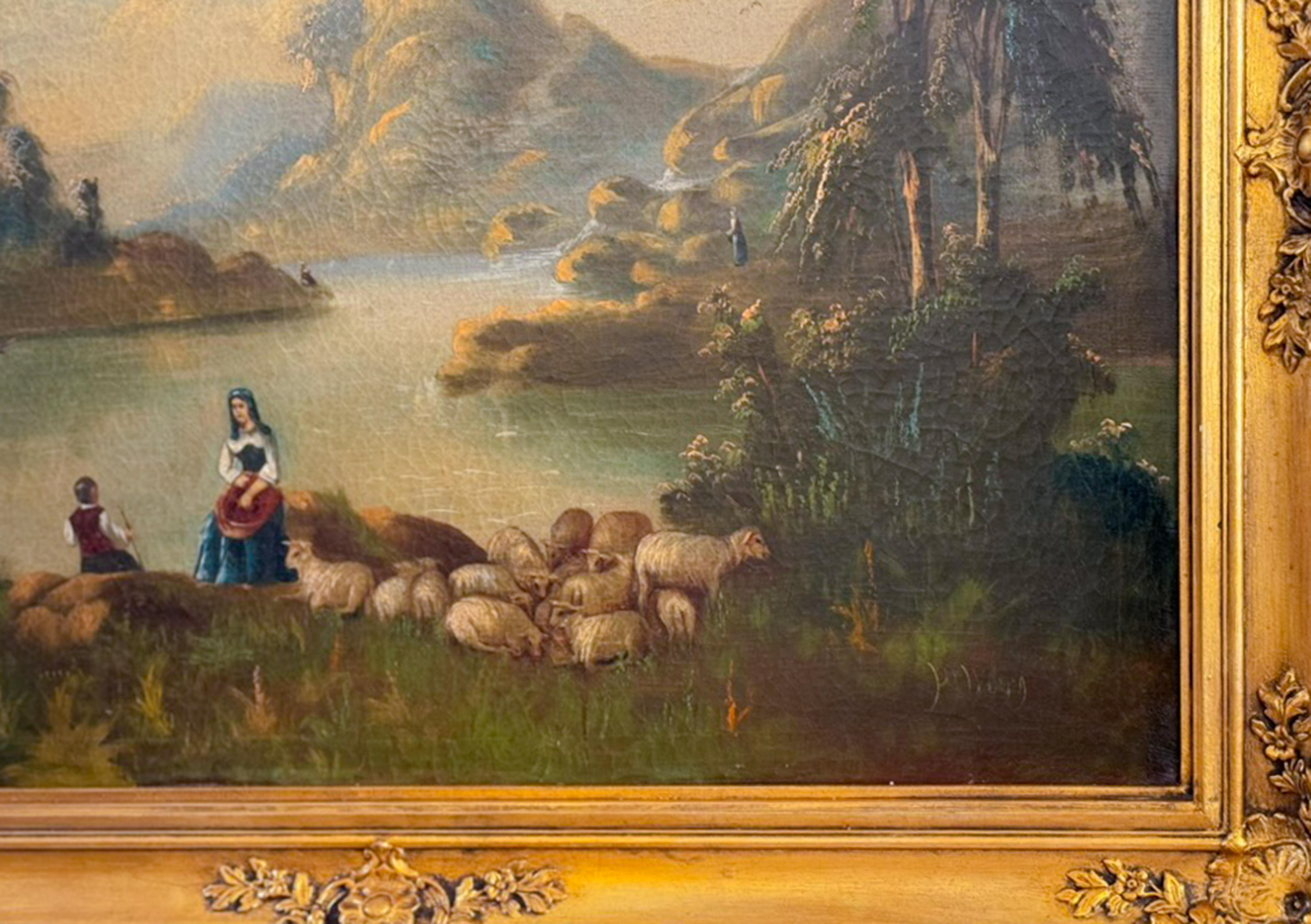 Oiled 19th century, French Romantic Landscape Painting, Signed For Sale