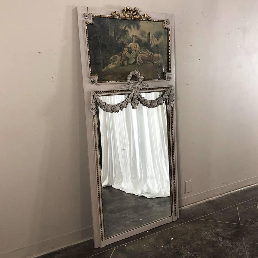 Hand-Painted 19th Century French Romantic Louis XVI Painted Trumeau Mirror