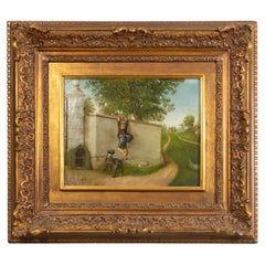 19th Century French Romantic Oil Painting of Young Boy Climbing Wall with Dog