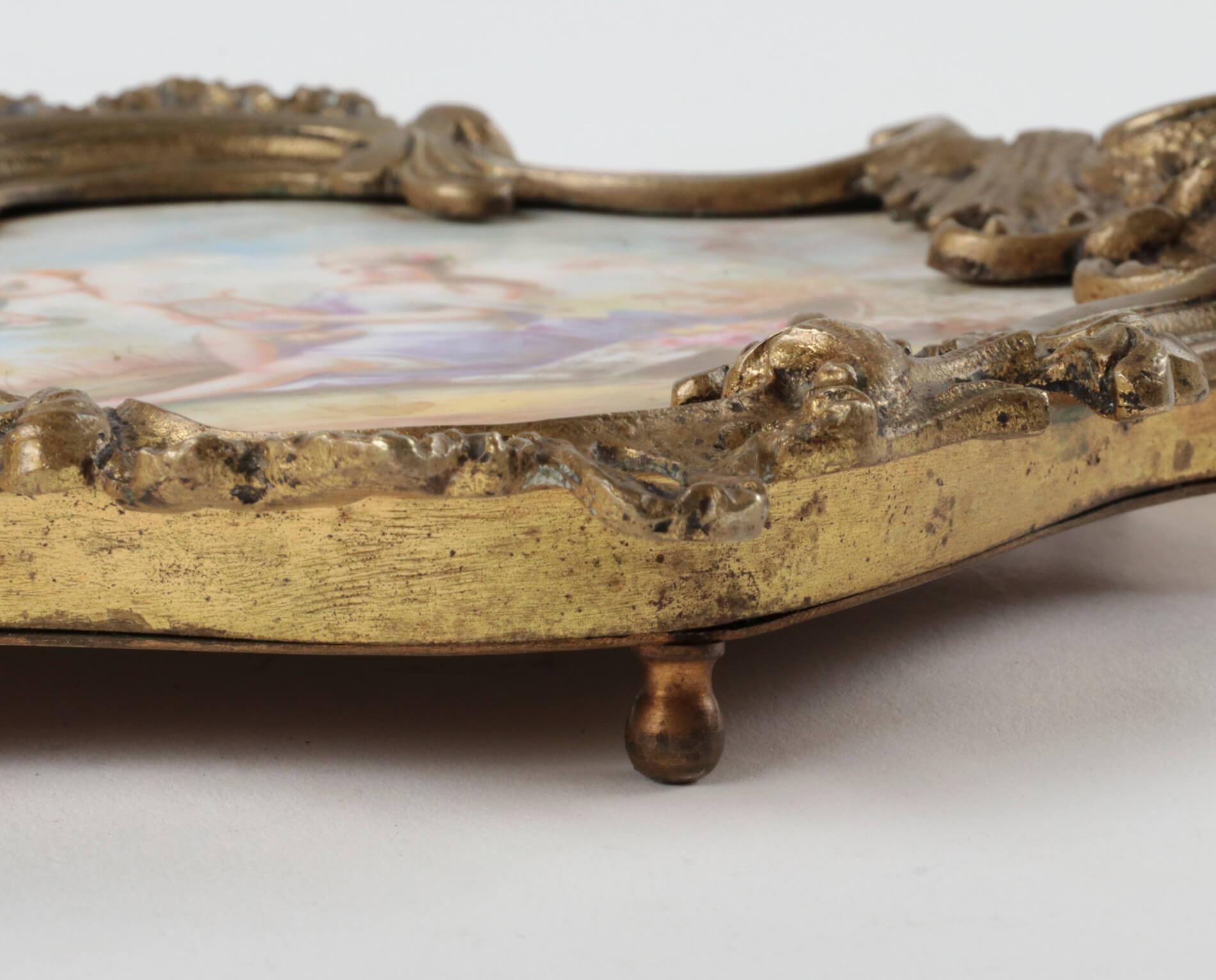 19th Century French Romantic Porcelain and Bronze Dish, Signed Émil For Sale 7