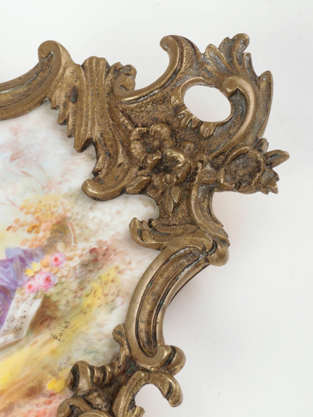 19th Century French Romantic Porcelain and Bronze Dish, Signed Émil For Sale 10