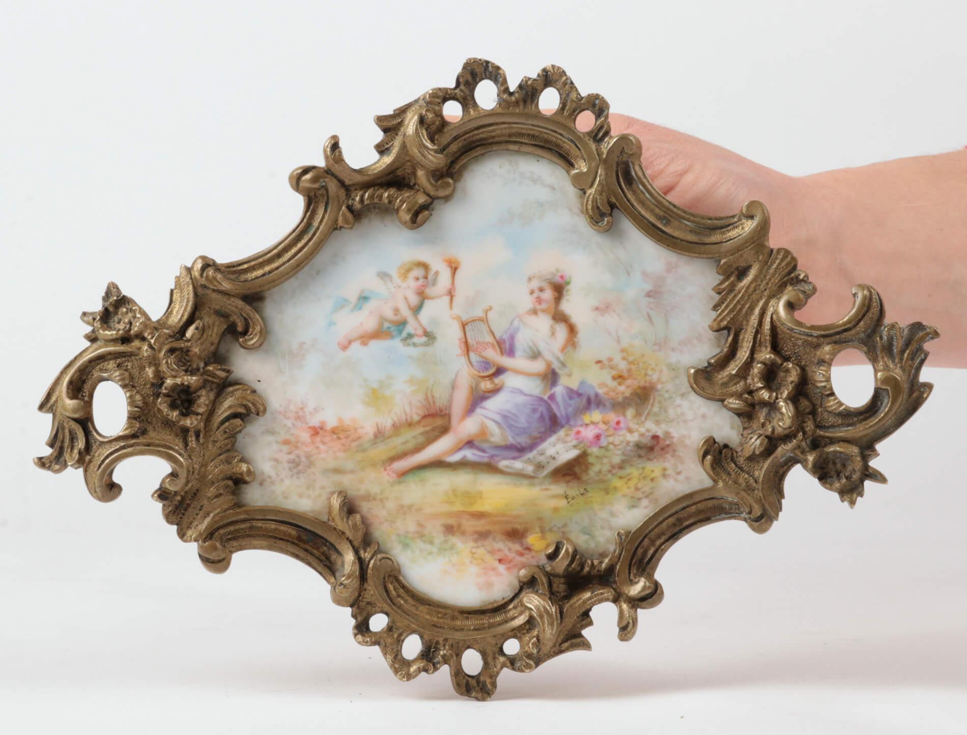 Hand-Painted 19th Century French Romantic Porcelain and Bronze Dish, Signed Émil For Sale