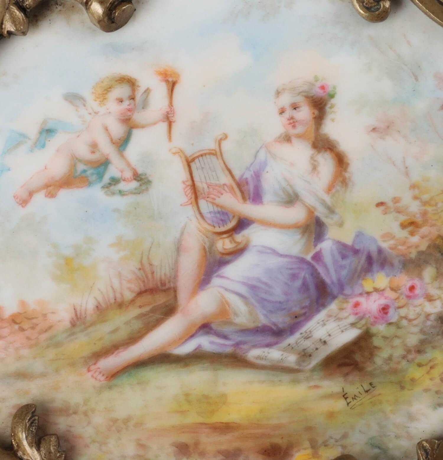 19th Century French Romantic Porcelain and Bronze Dish, Signed Émil For Sale 1