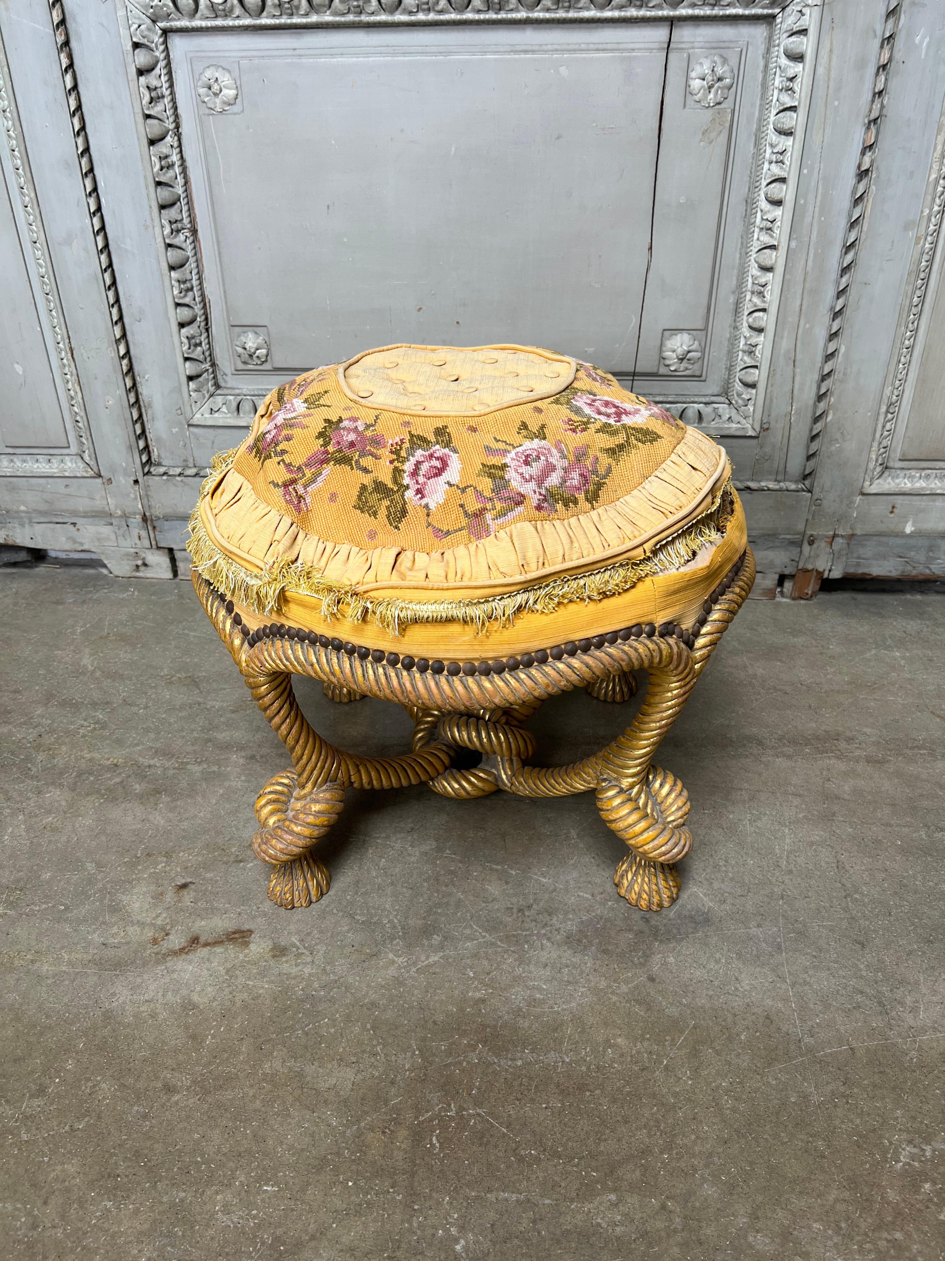 Hand-Carved 19th Century French Rope Pouf in a Gilt Finish For Sale