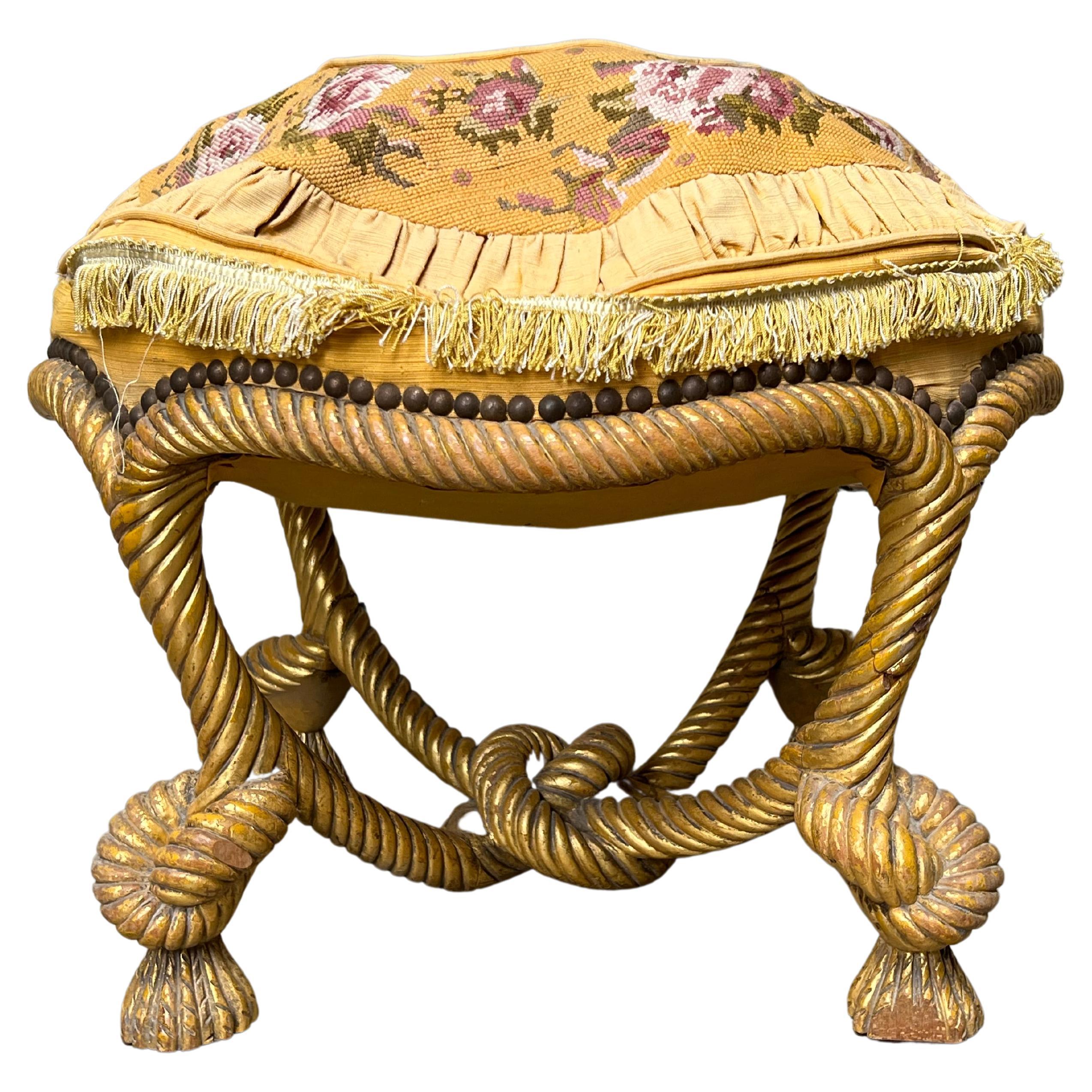 Pouf en corde française du 19ème siècle dans une finition dorée