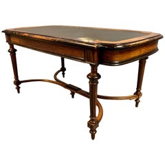 19th Century French Rosewood Bureau Plat Desk with Original Green Leather Top