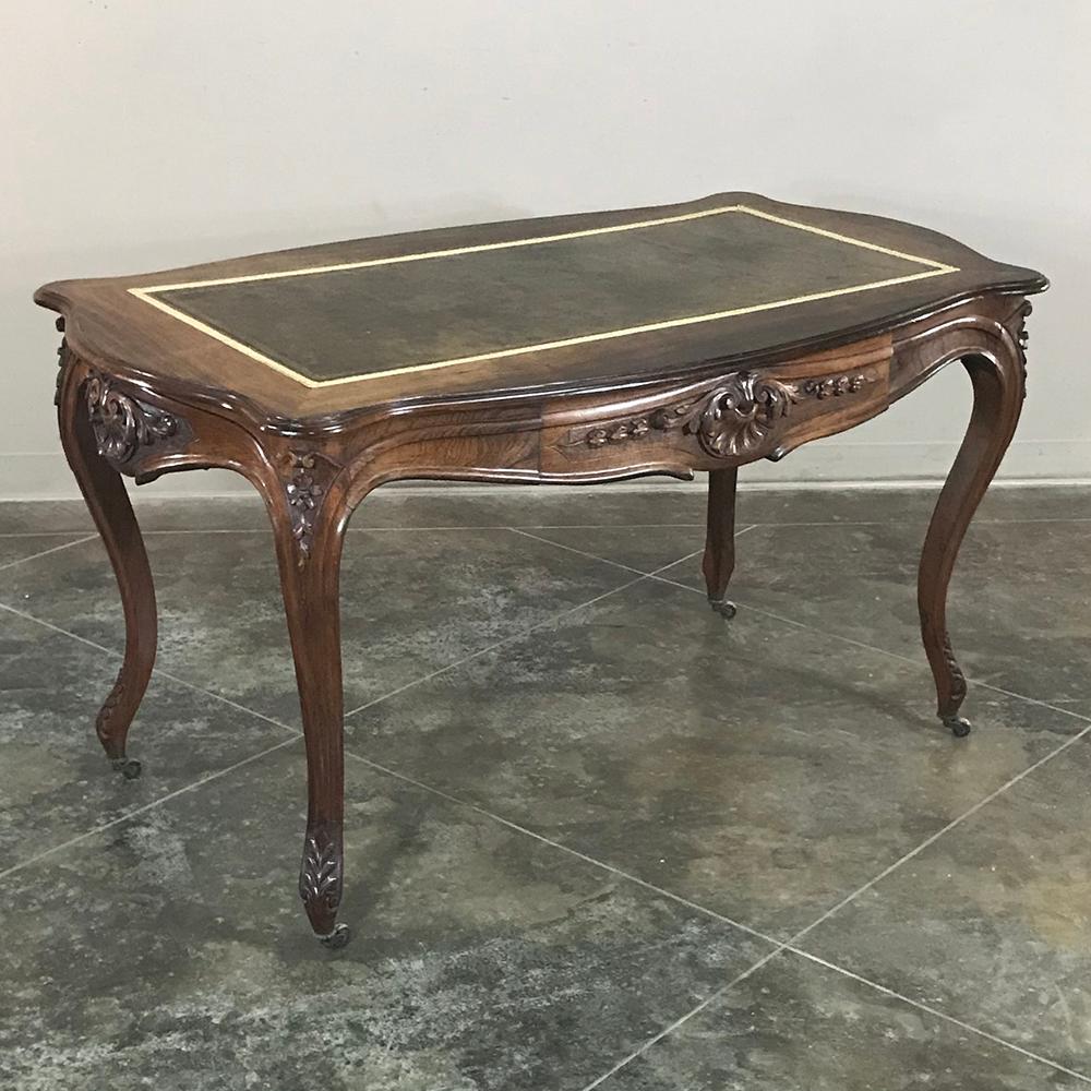 Hand-Carved 19th Century French Rosewood Leather Top Desk, Writing Table