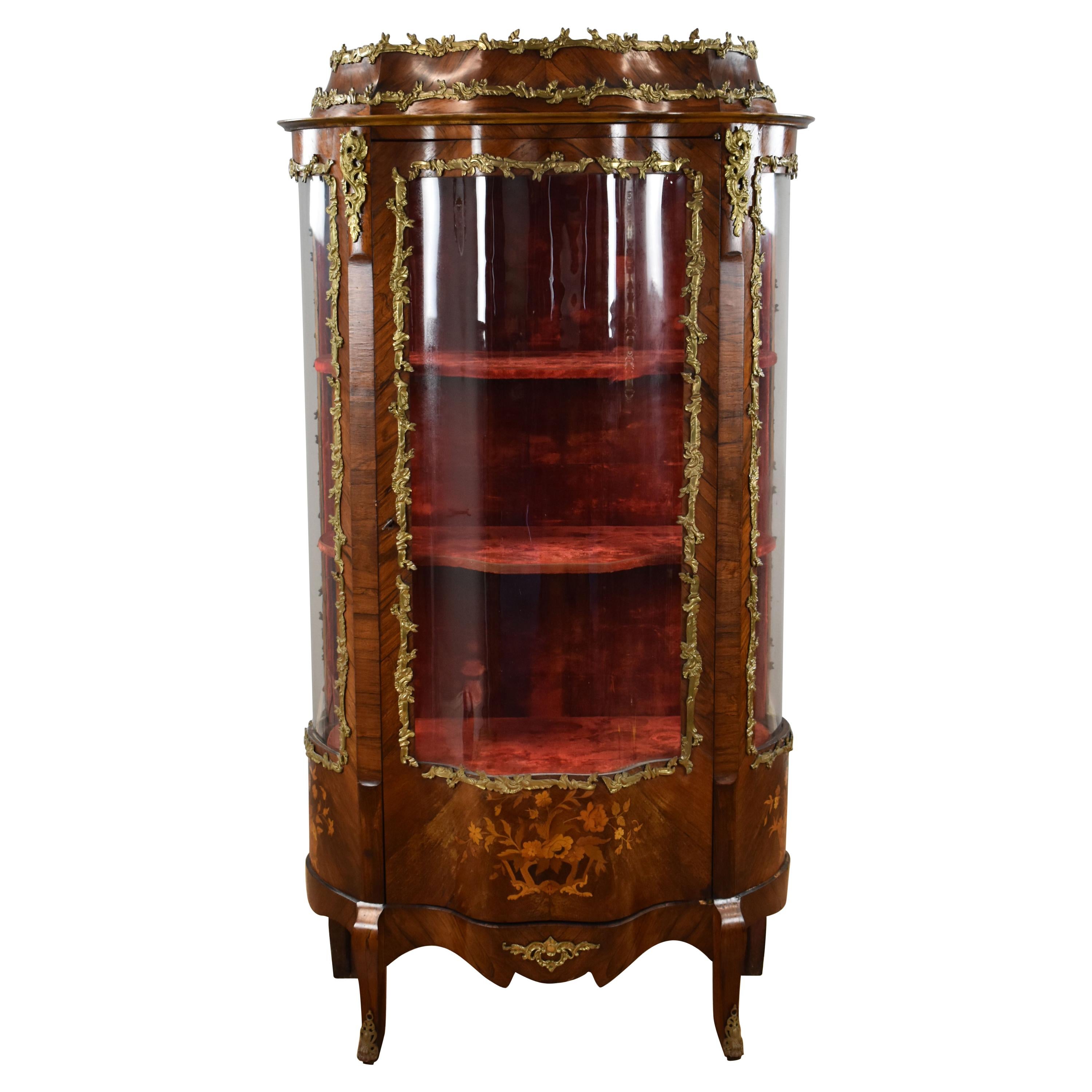 19th Century French Rosewood & Marquetry Serpentine Vitrine For Sale