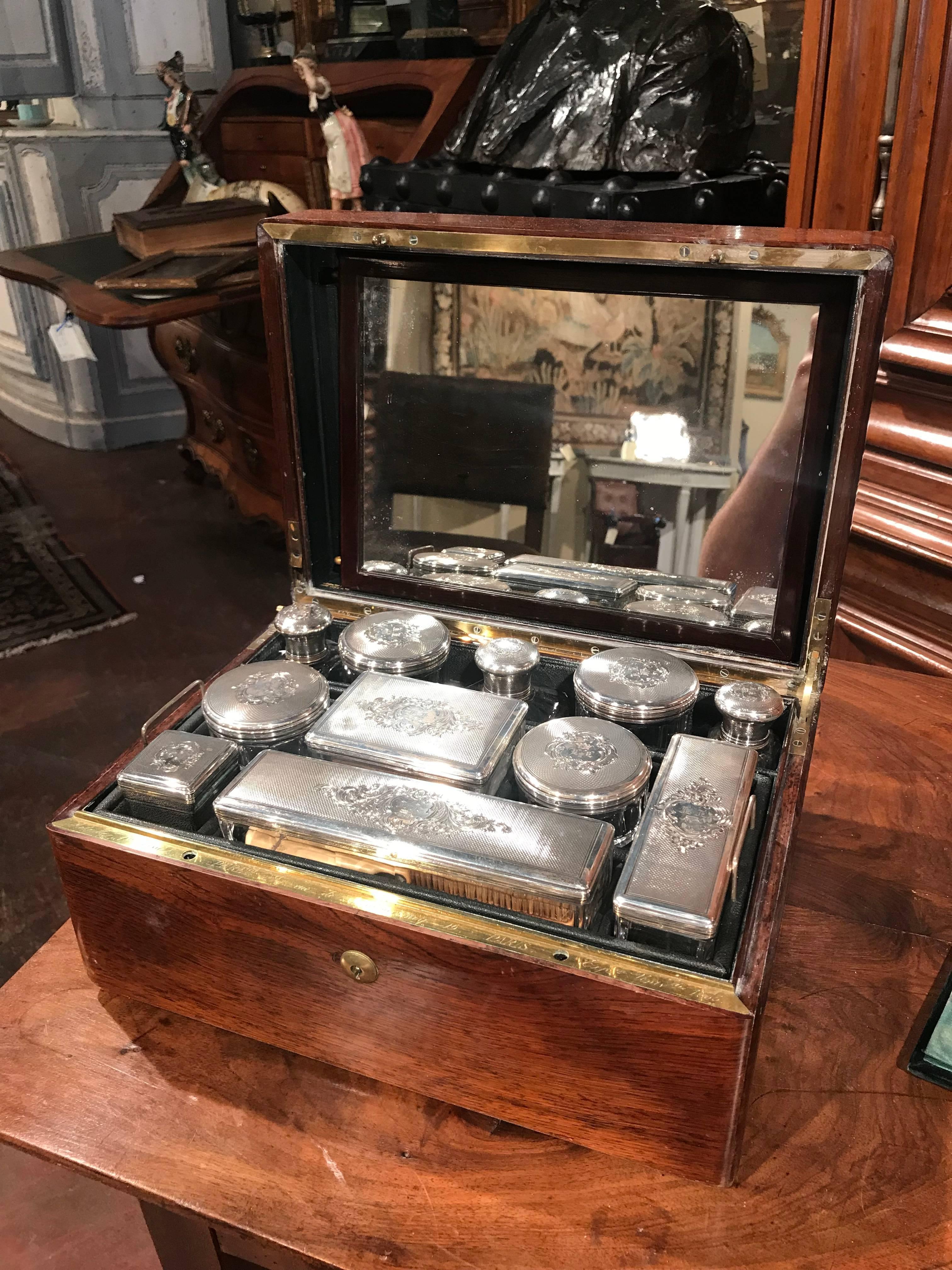 Silver 19th Century French Rosewood Travel Vanity Case by Peret and Dated 1855 For Sale
