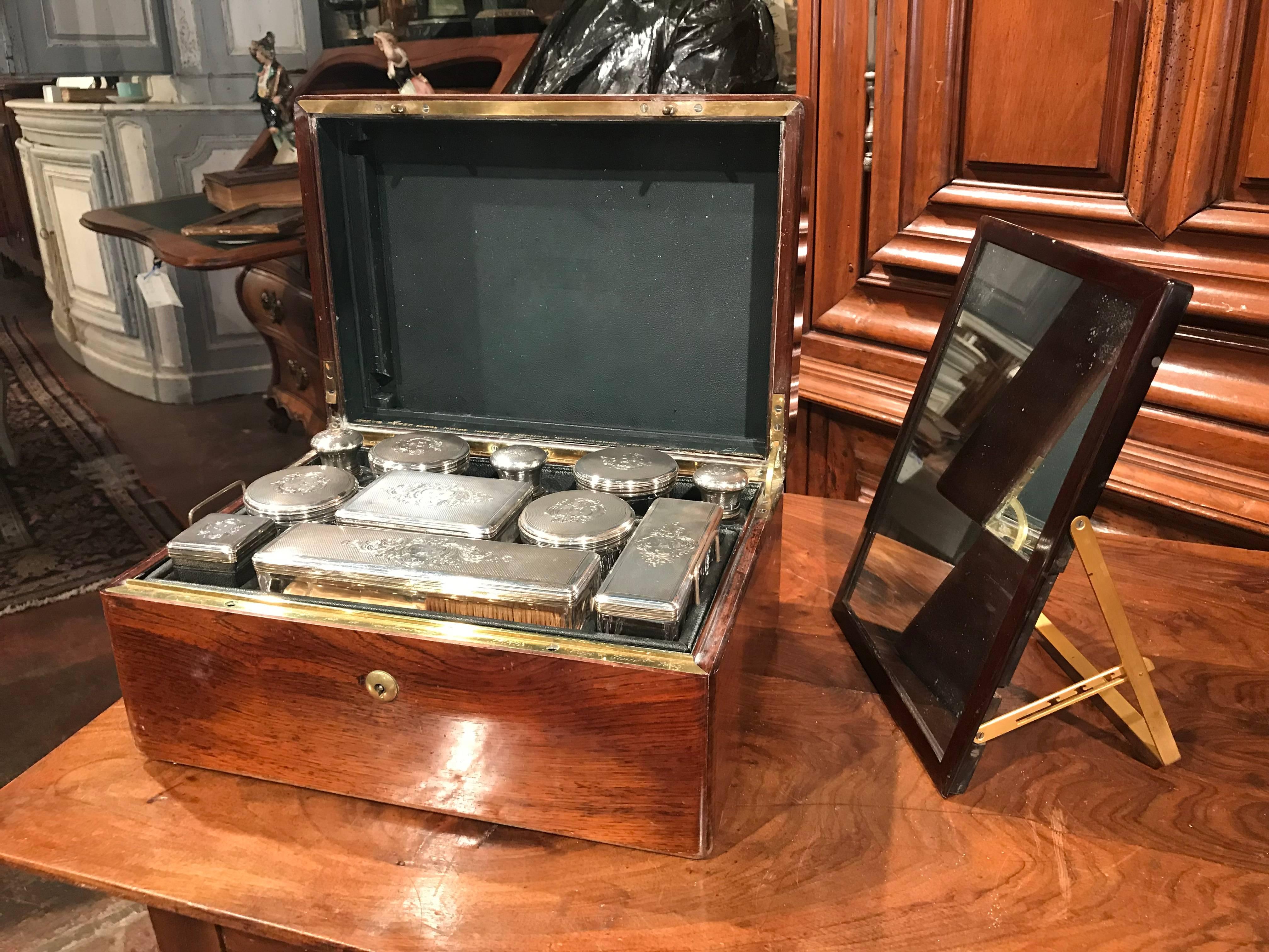 19th Century French Rosewood Travel Vanity Case by Peret and Dated 1855 For Sale 1