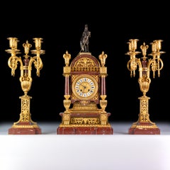 19th Century French Rouge Marble & Ormolu Clock Garniture