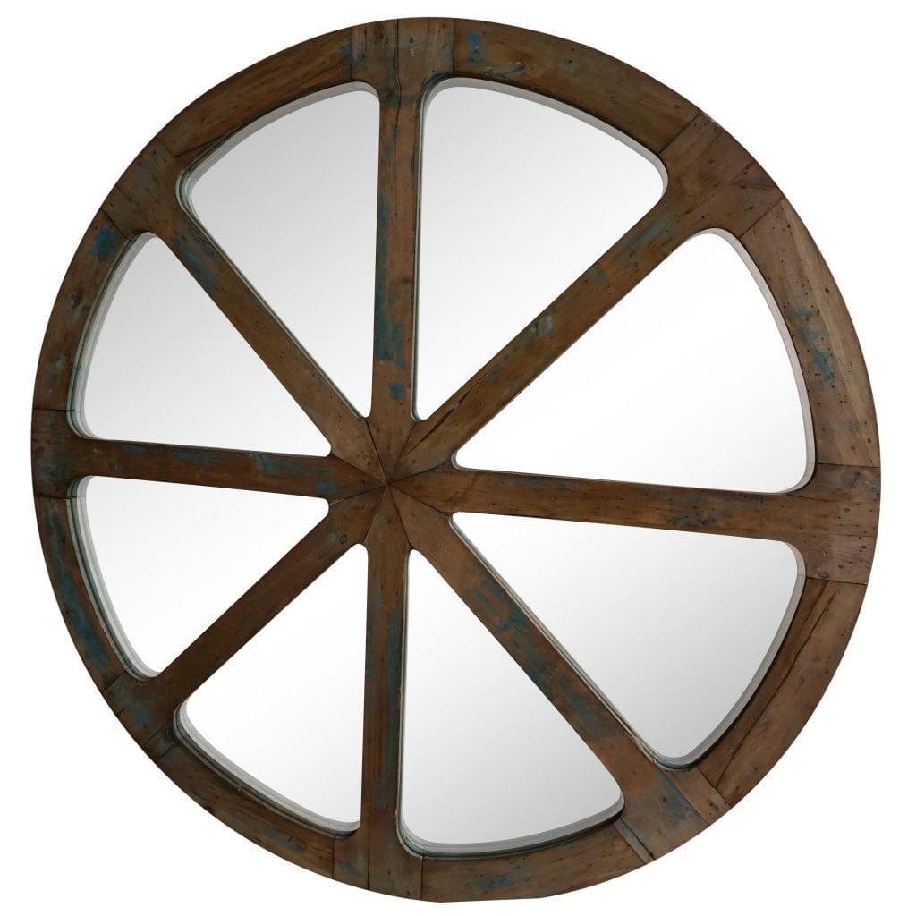 A round, antique French monumental sized industrial wooden wall mirror with its original mirror glass, in good condition. Wear consistent with age and use, circa late 19th century, France.