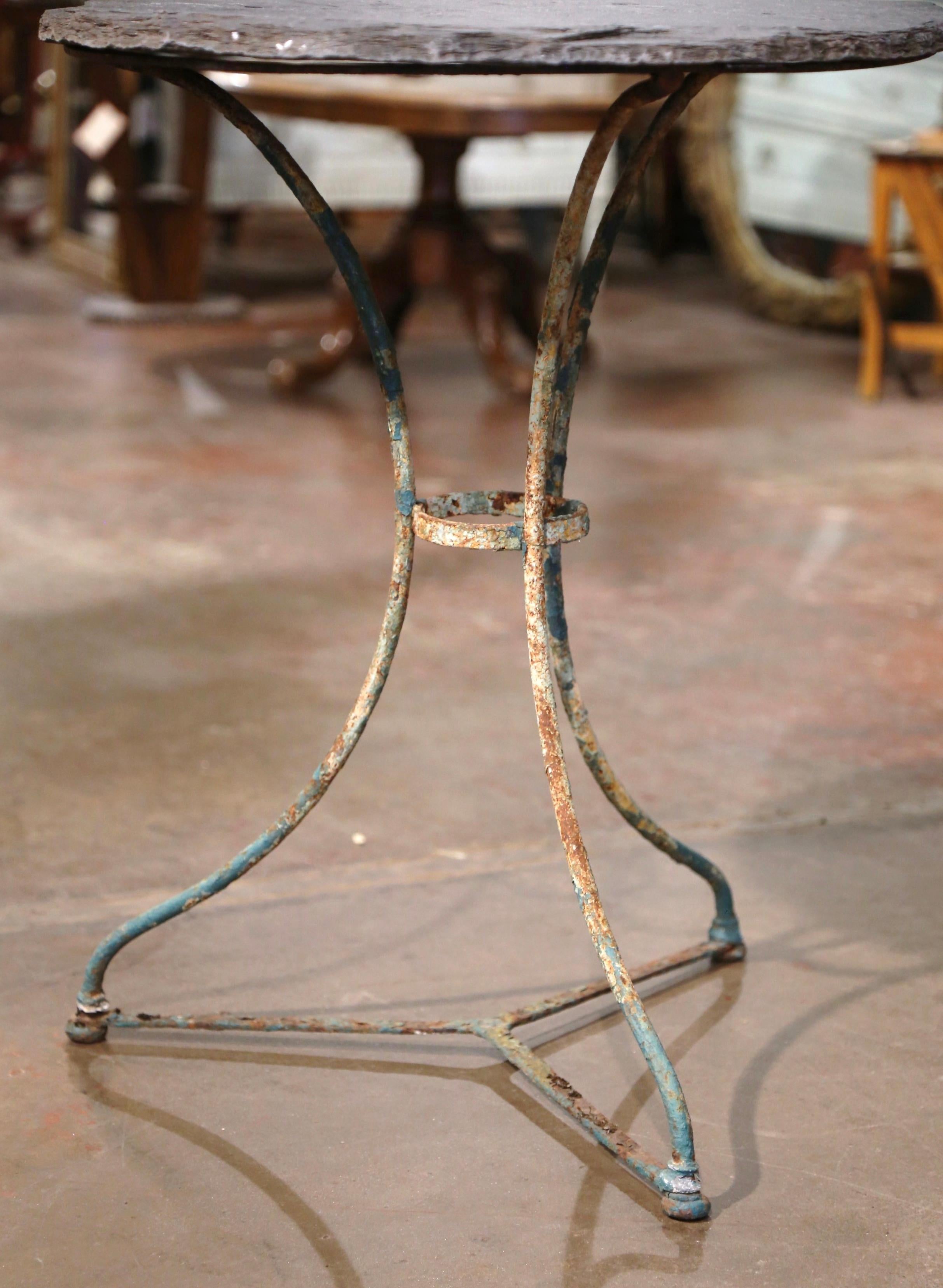 Hand-Crafted 19th Century French Round Slate Top Painted Iron Bistro Table For Sale