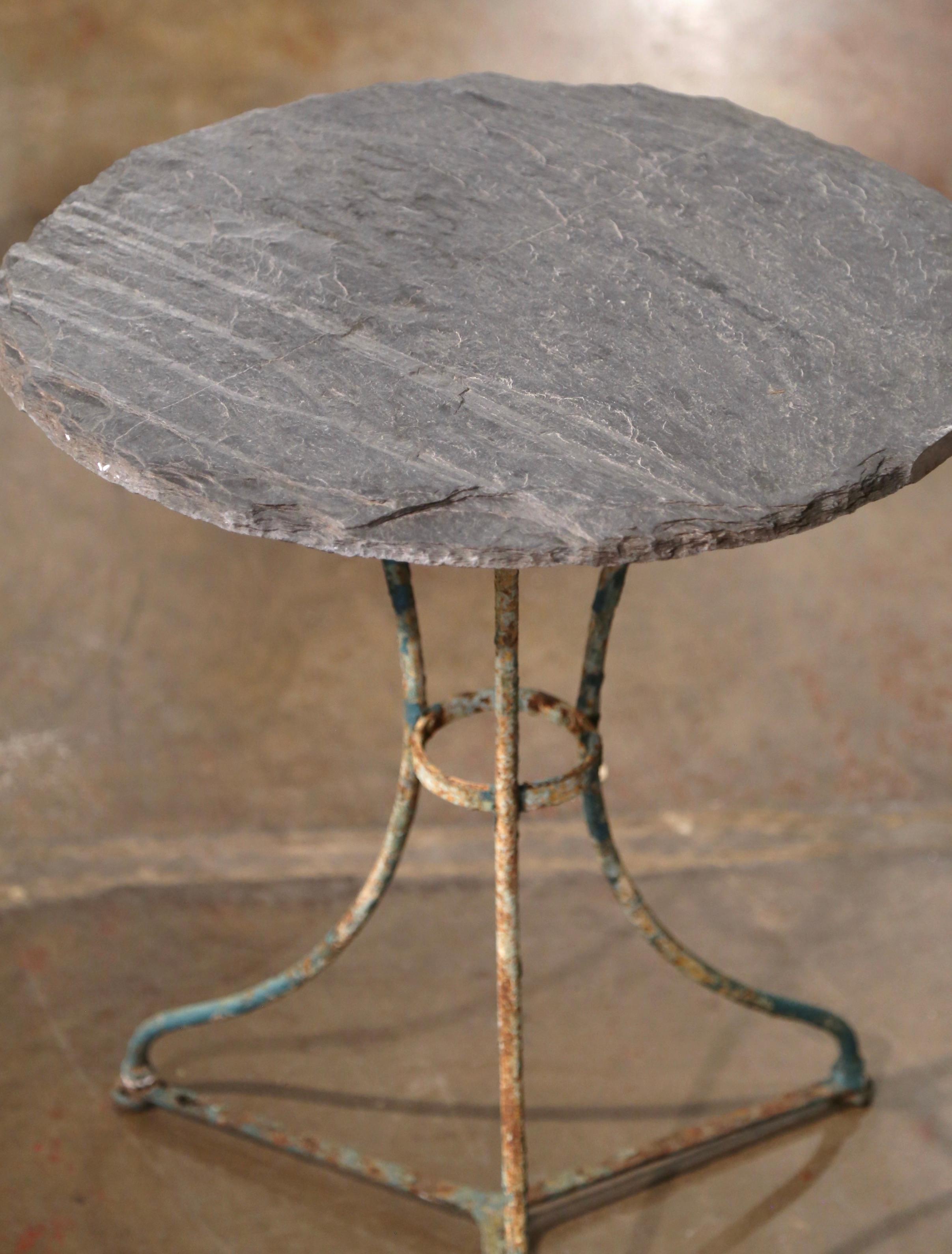 19th Century French Round Slate Top Painted Iron Bistro Table In Excellent Condition For Sale In Dallas, TX