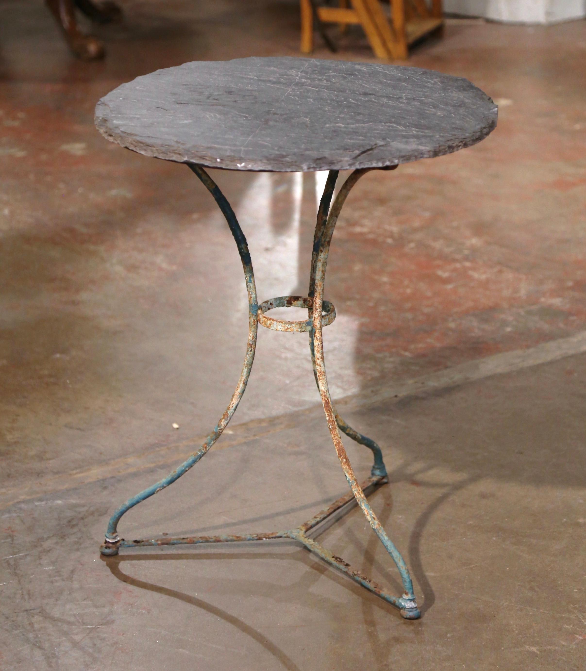 19th Century French Round Slate Top Painted Iron Bistro Table For Sale 1