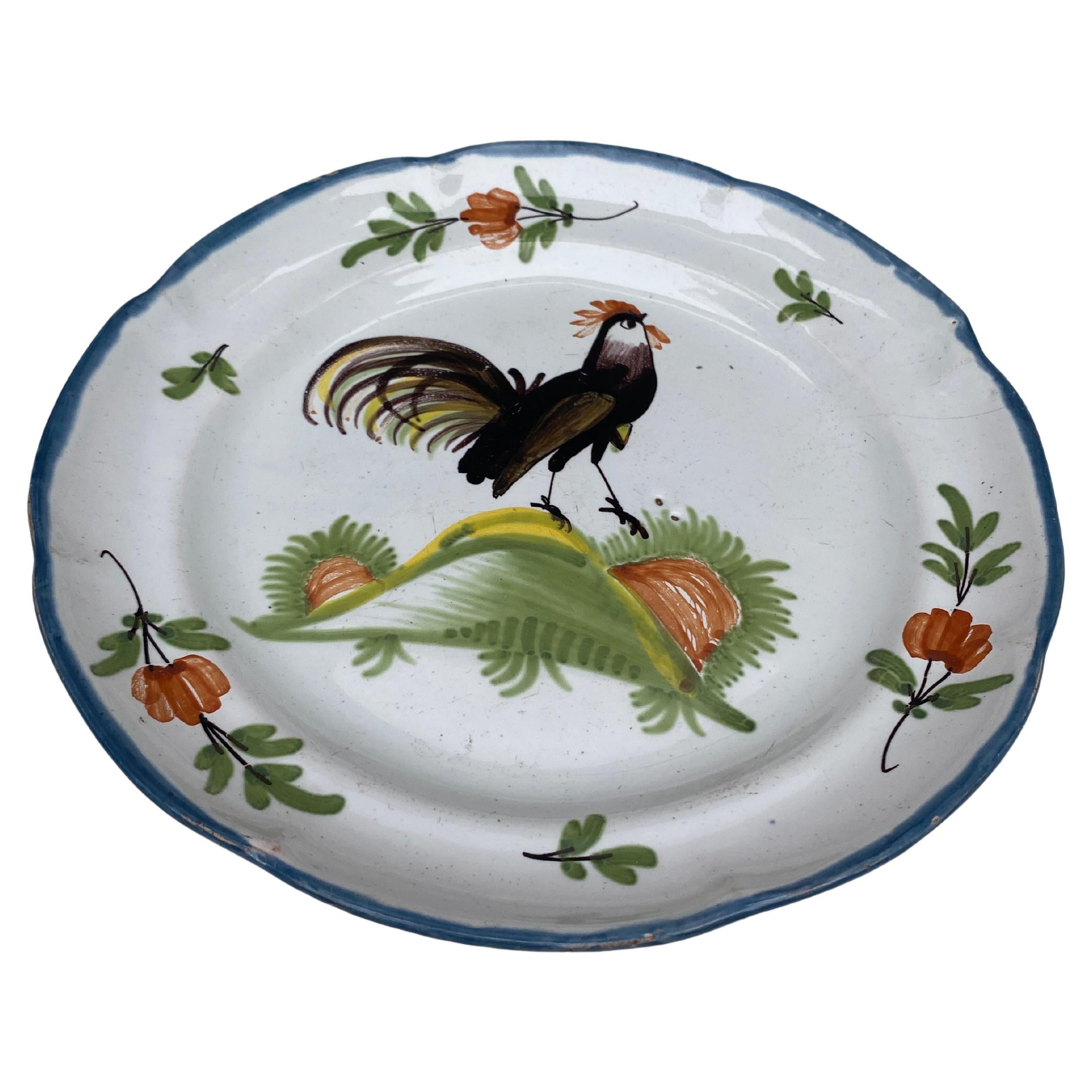 19th Century French Rustic Faience Rooster Plate.
 