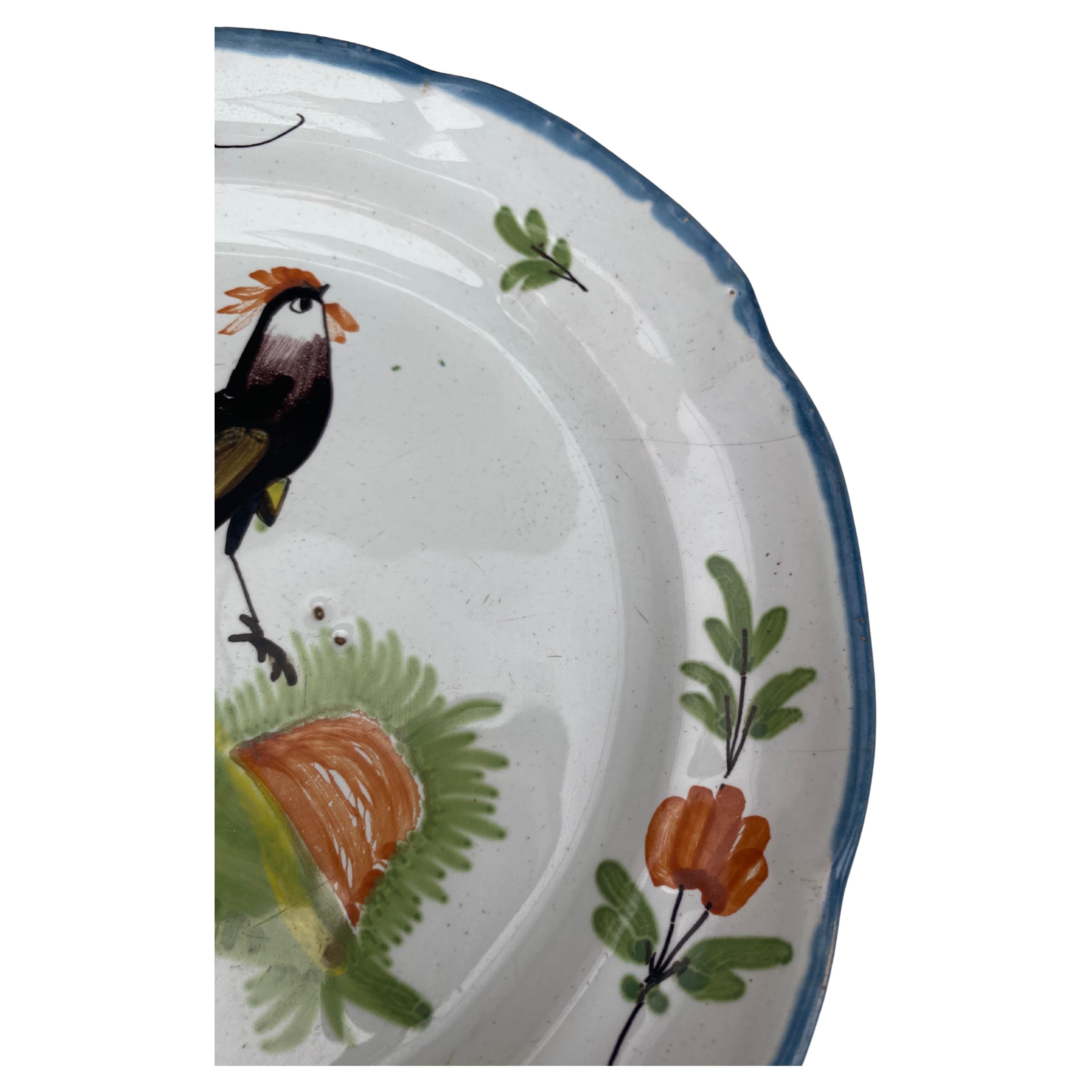 French Provincial 19th Century French Rustic Faience Rooster Plate For Sale