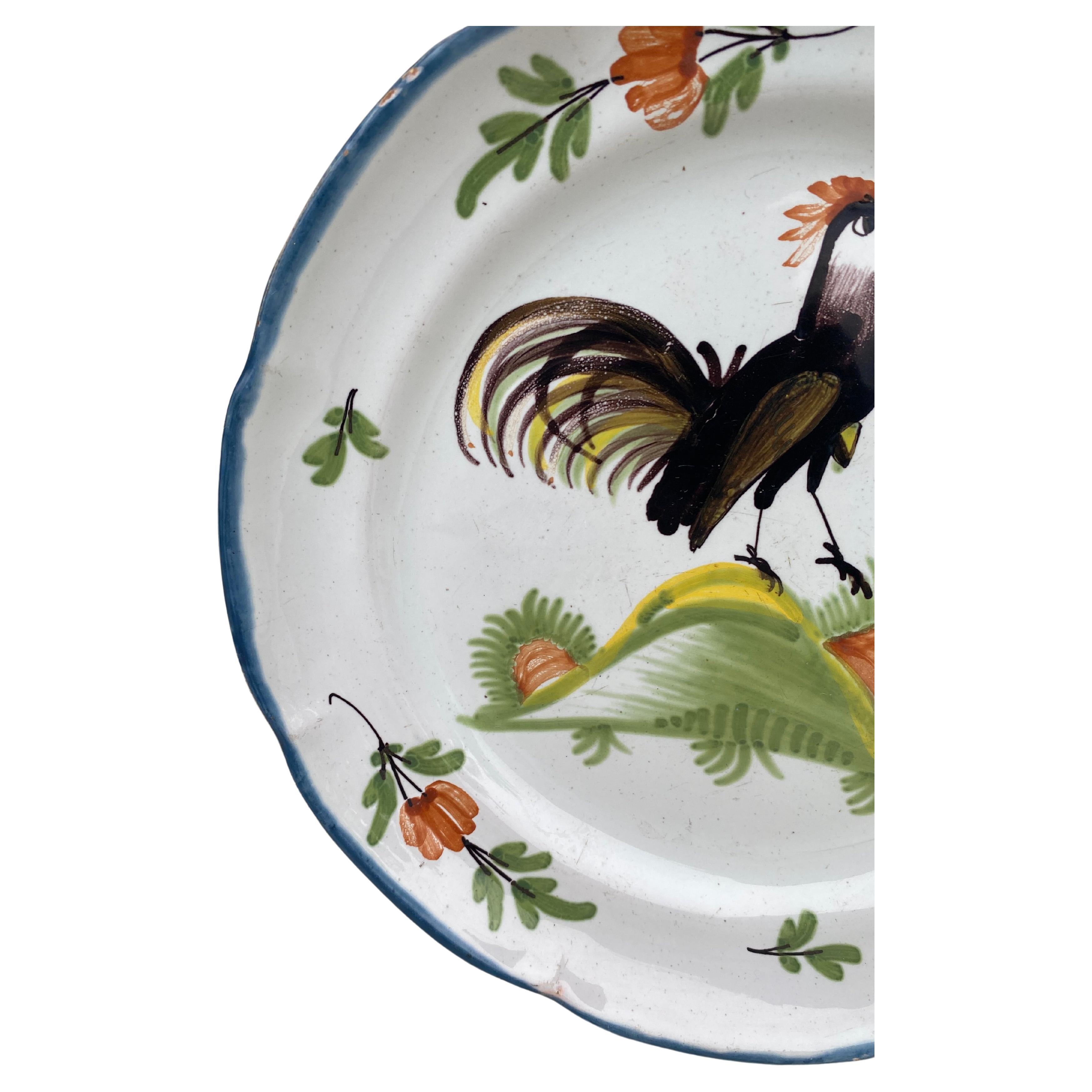 Late 19th Century 19th Century French Rustic Faience Rooster Plate For Sale