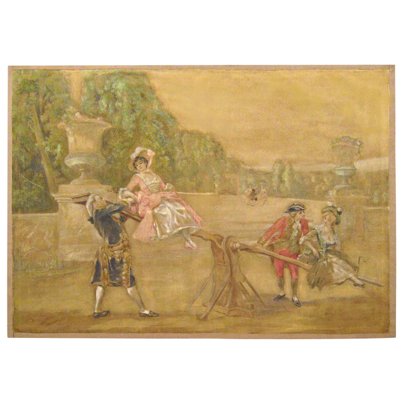 19th Century French Rustic Tapestry Cartoon, Depicting Youths at Play