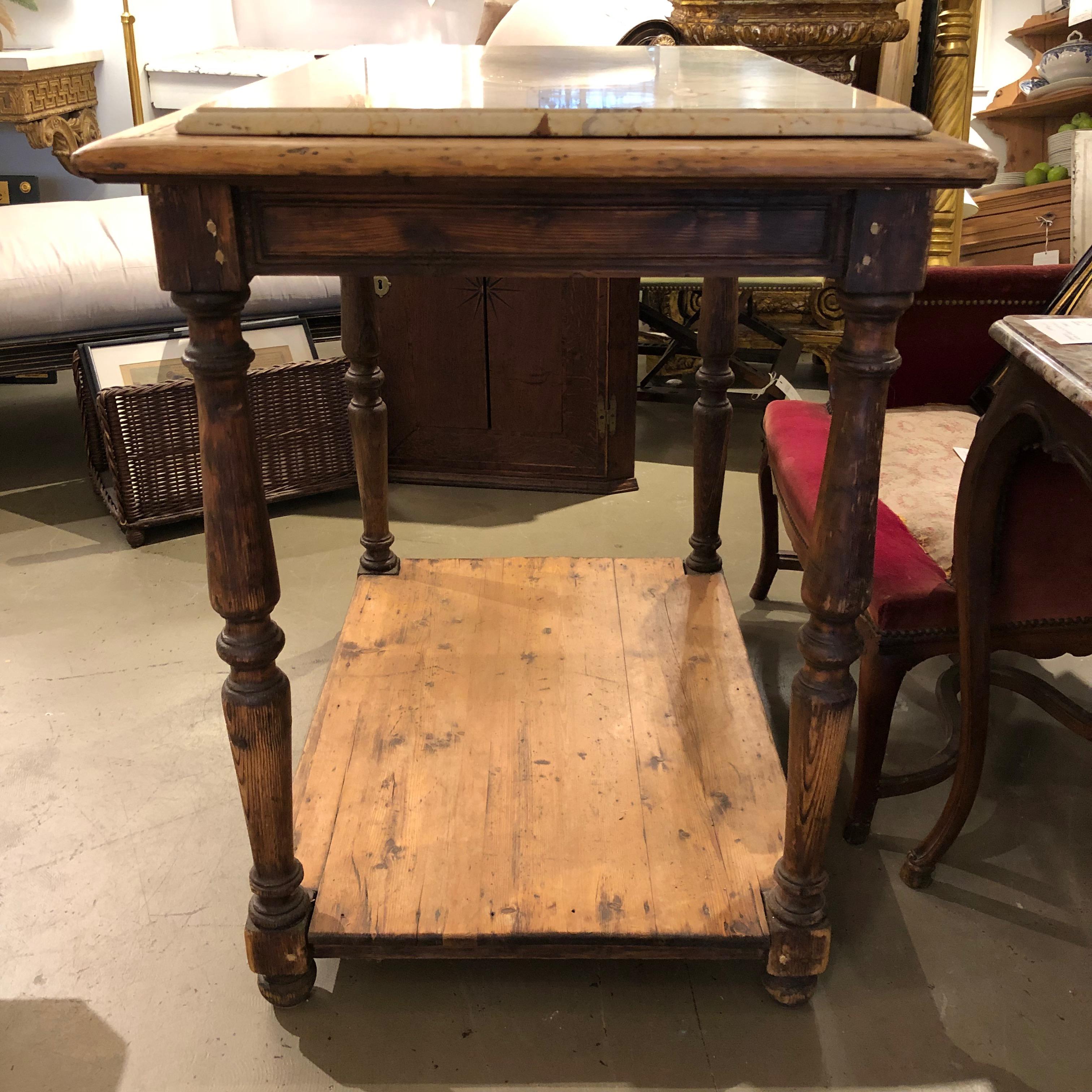 19th Century French Rustic Two-Tier Oak Pastry Table with Resting Marble Top For Sale 1