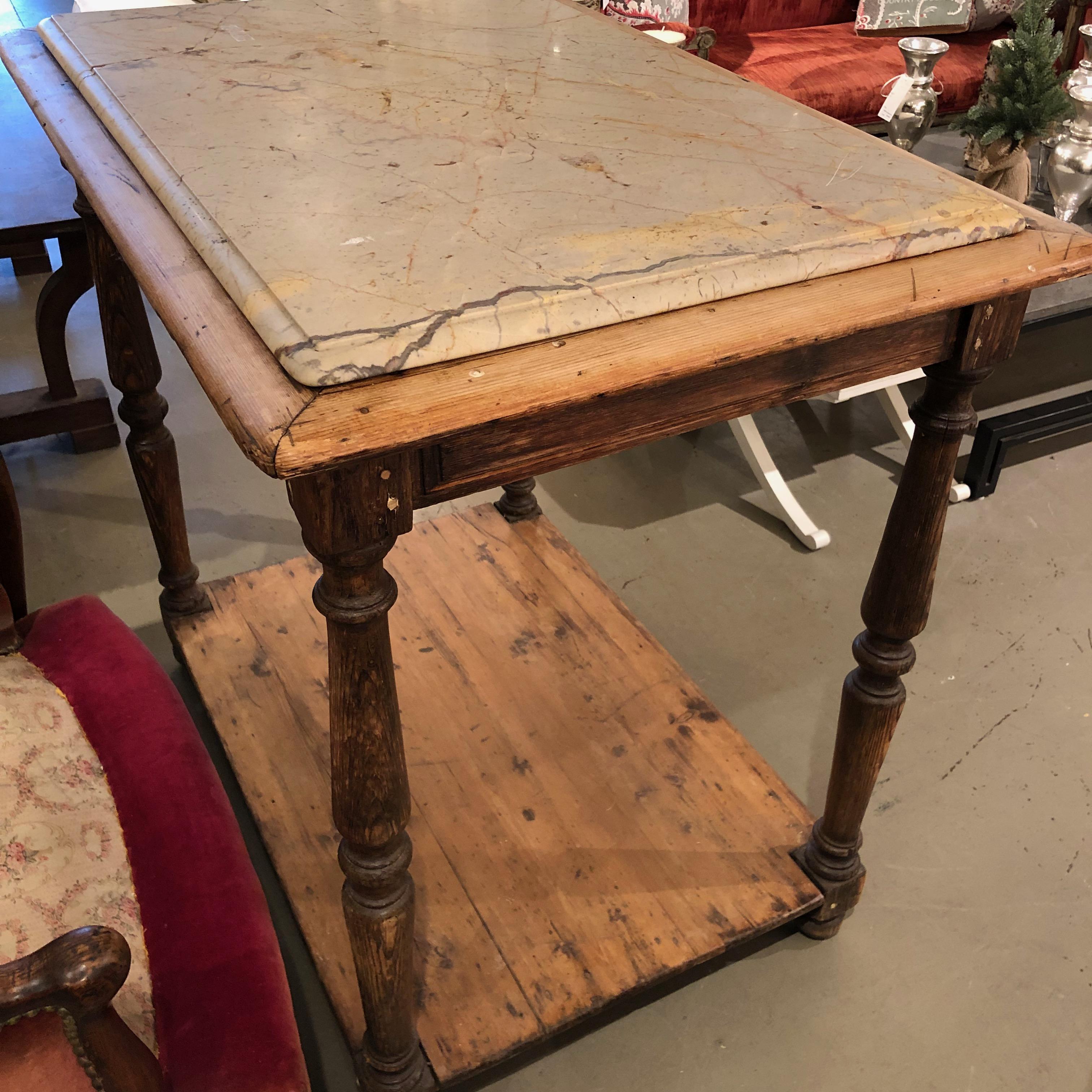 19th Century French Rustic Two-Tier Oak Pastry Table with Resting Marble Top For Sale 2