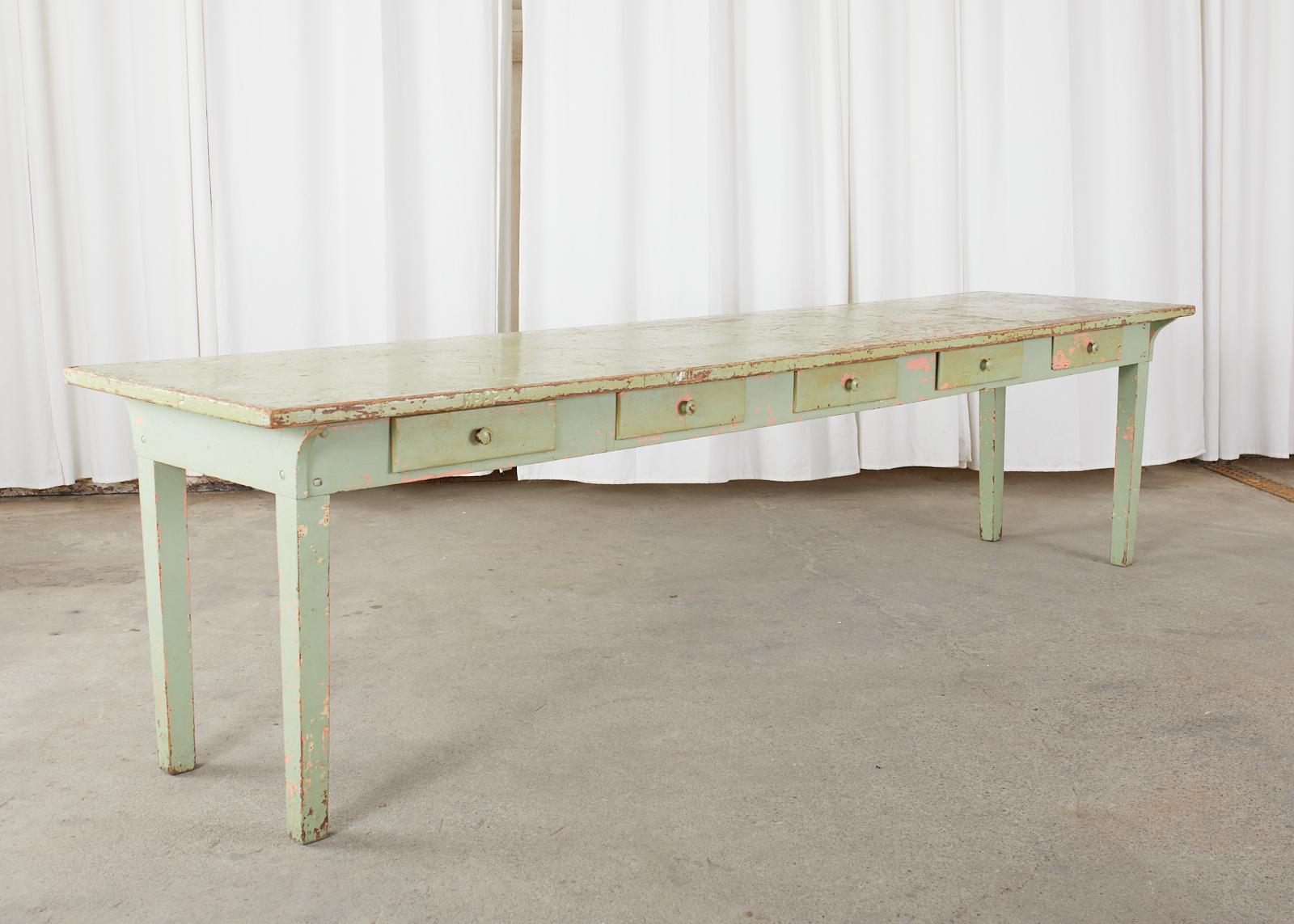 19th Century French Sage Green Pine Farmhouse Dining Table 11