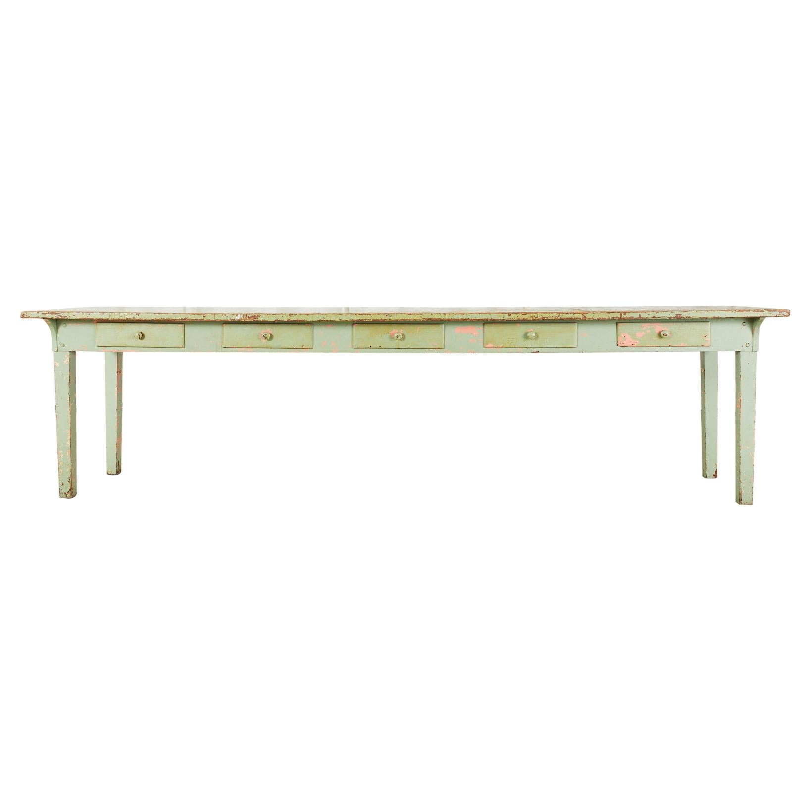 19th Century French Sage Green Pine Farmhouse Dining Table