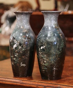 Pair of 19th Century French Painted Ceramic Vases with Dog Motifs Signed Petit